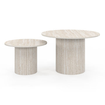 Tables basses rondes gigognes Alvar effet travertin et pieds lattes - lot de 2