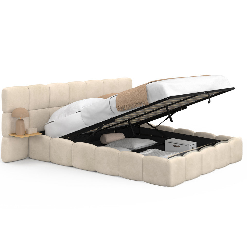 Lit coffre Bubble 140x190cm velours beige chevets intégrés