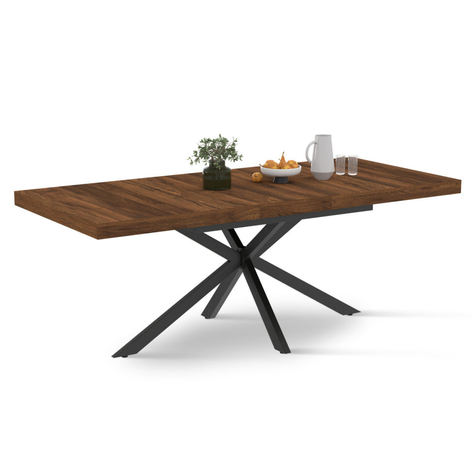 Table repas extensible Spider 160-200cm plateau bois effet noyer avec rangement et pieds croisés noirs