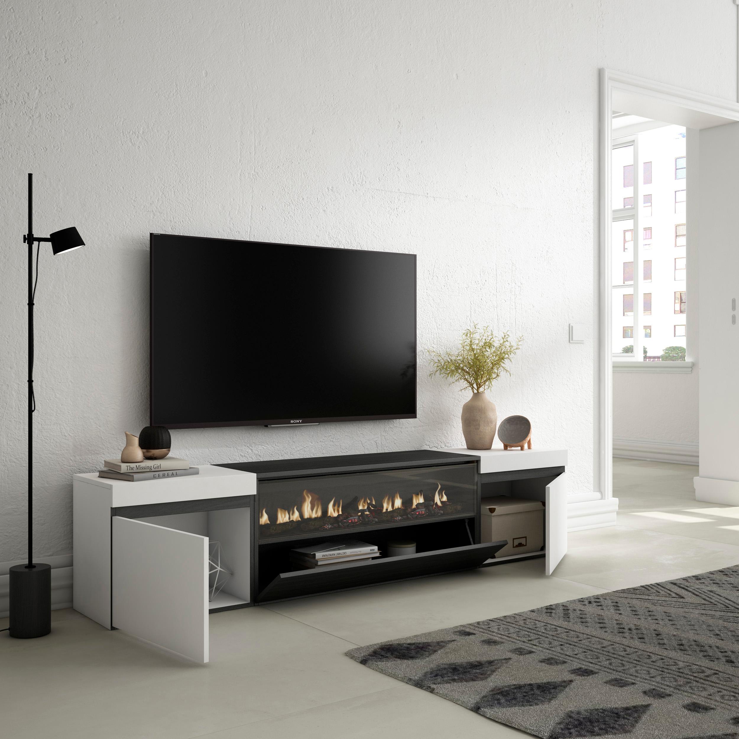 Meuble TV - 200x45x35cm - Cheminée électrique - Pour les TV jusqu'à 80"¨- Blanc et noir