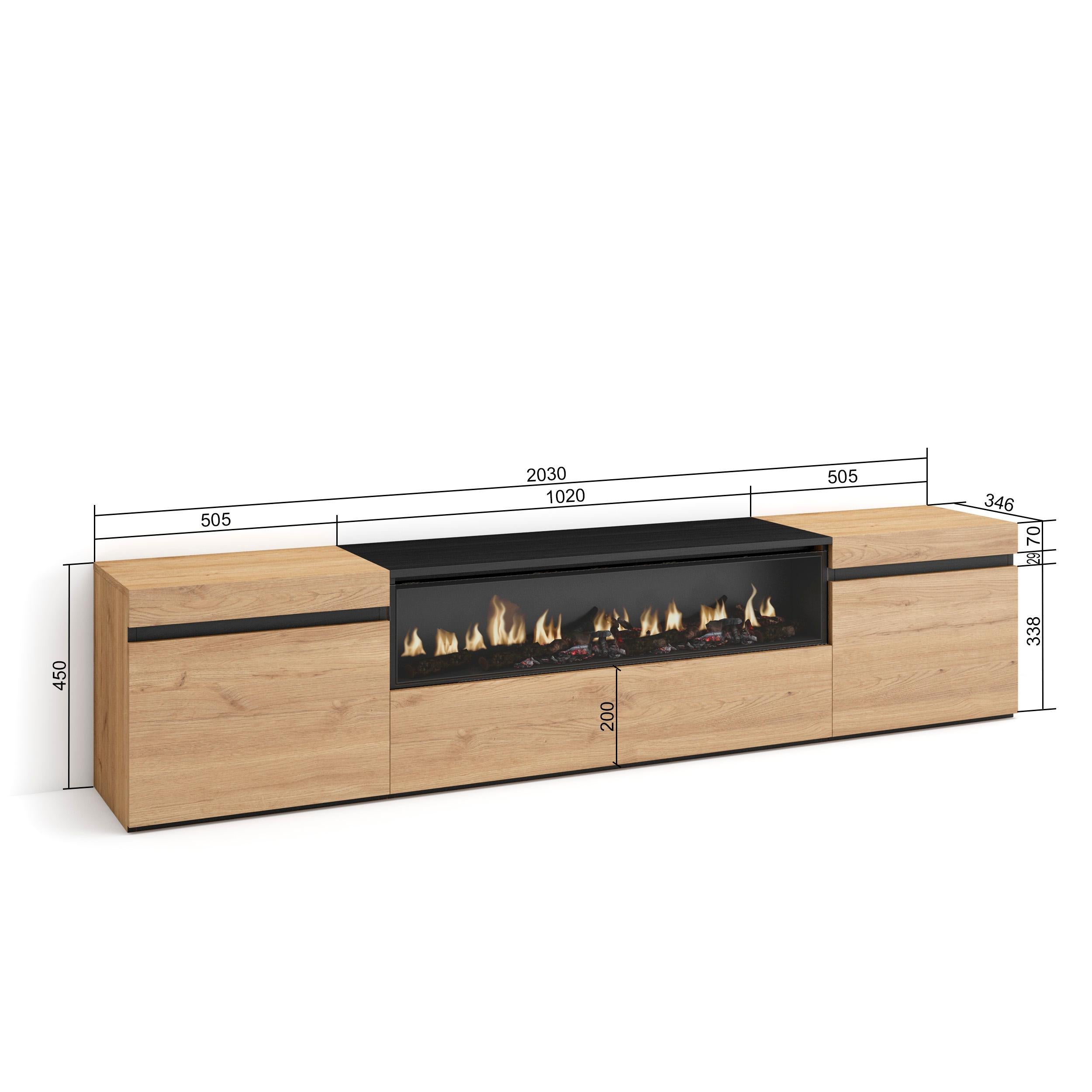 Meuble TV  - 200x45x35cm - Cheminée électrique  Pour les TV jusqu'à 80" - Chêne et noir