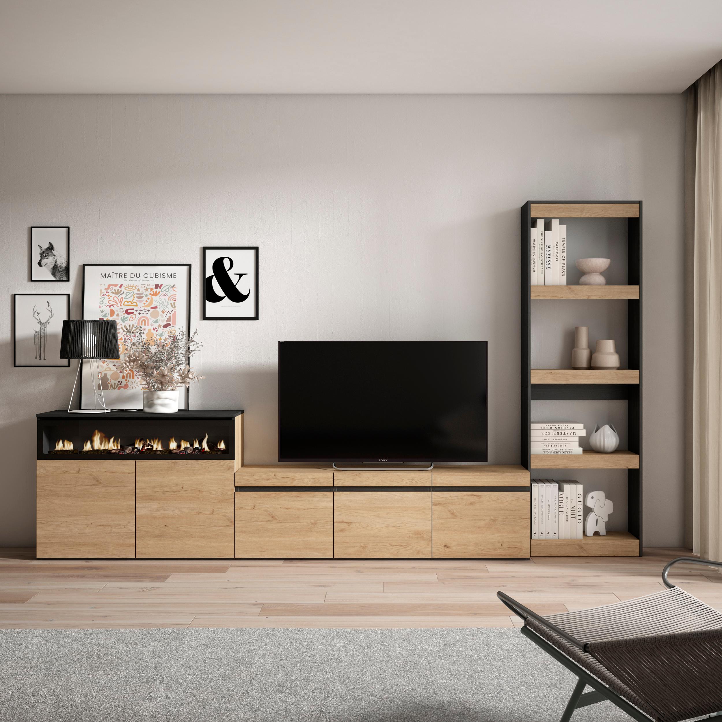 Ensemble Meuble TV - 310x186x35cm - Cheminée électrique - Pour les TV jusqu'à 65" - Chêne et noir