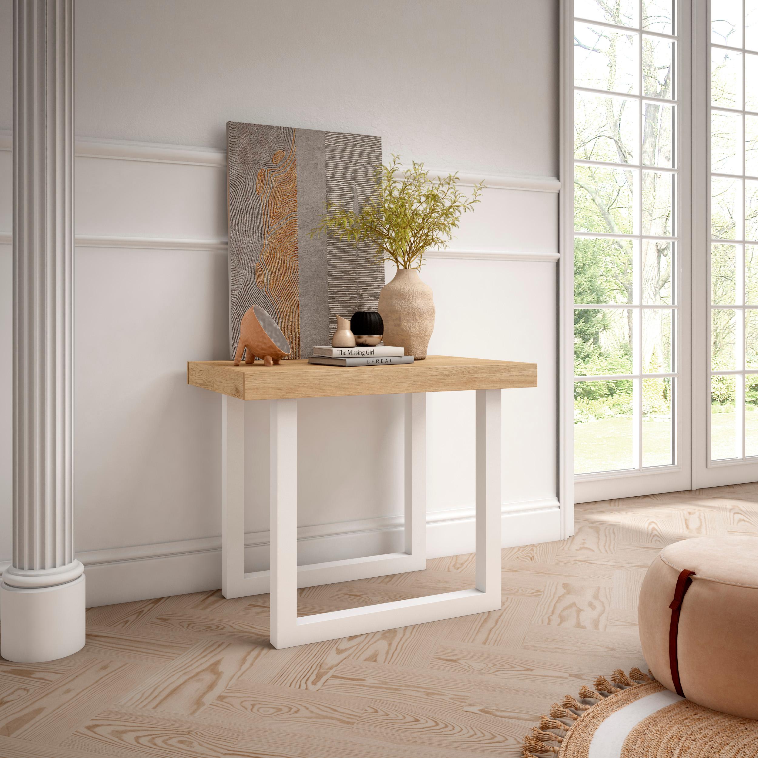 Table console extensible blanche & chêne 260 cm – Jusqu’à 12 personnes – Pieds en bois massif blancs en U