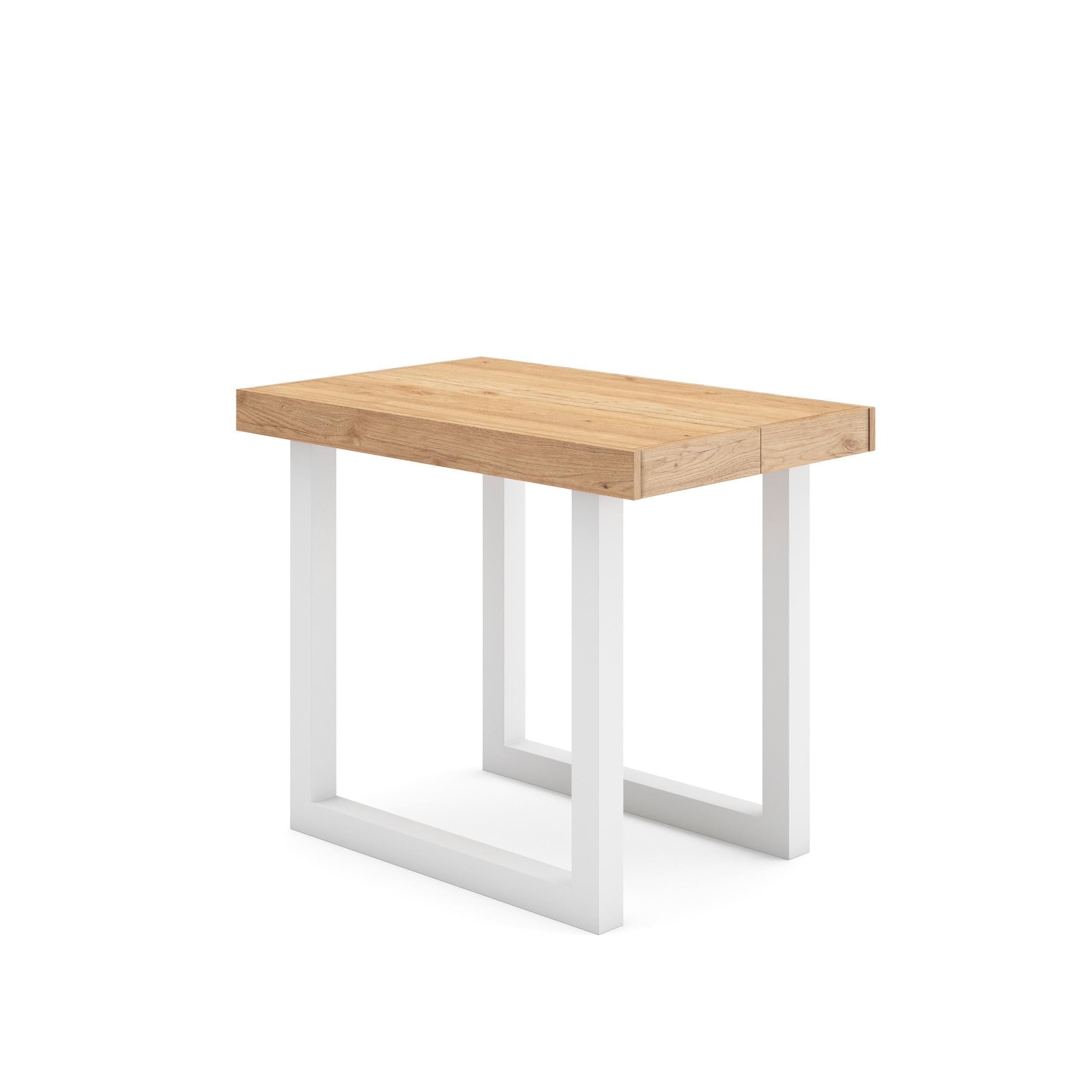Table console extensible blanche & chêne 260 cm – Jusqu’à 12 personnes – Pieds en bois massif blancs en U