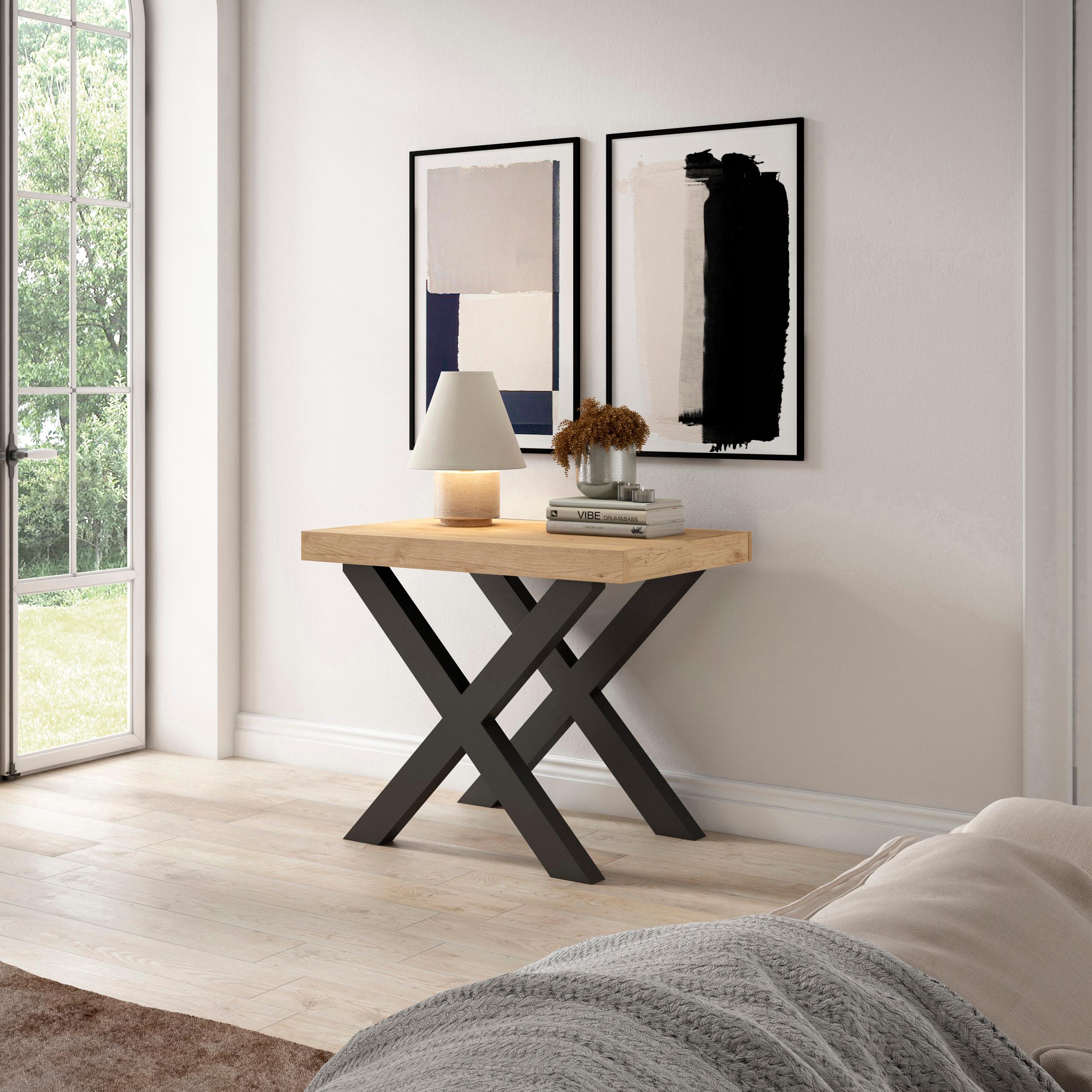 Table console extensible chêne 300 cm – Jusqu’à 14 personnes – Pieds en bois massif noirs en croix
