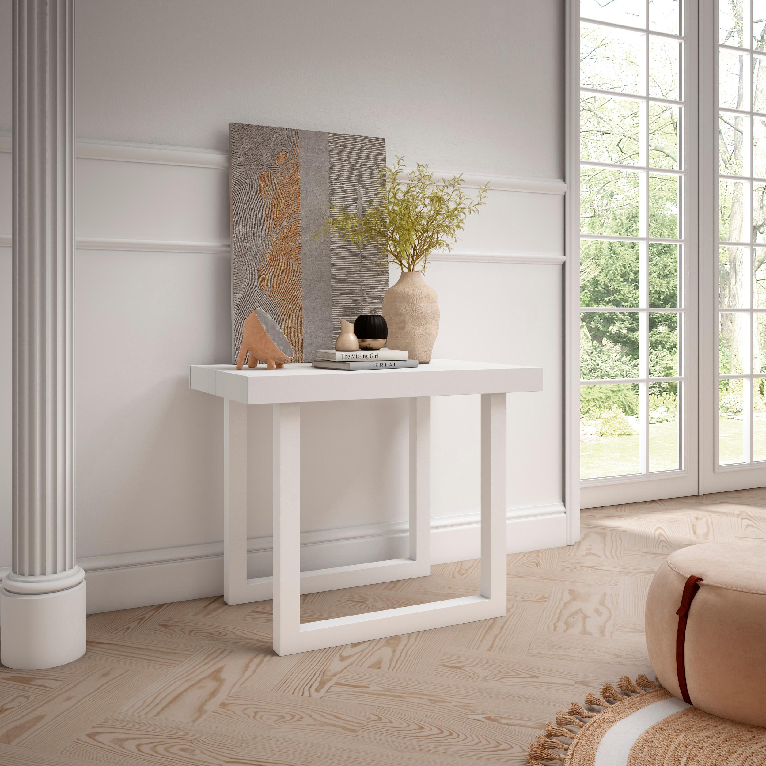 Table console extensible blanche 260 cm – Jusqu’à 12 personnes – Pieds en bois massif blancs en U