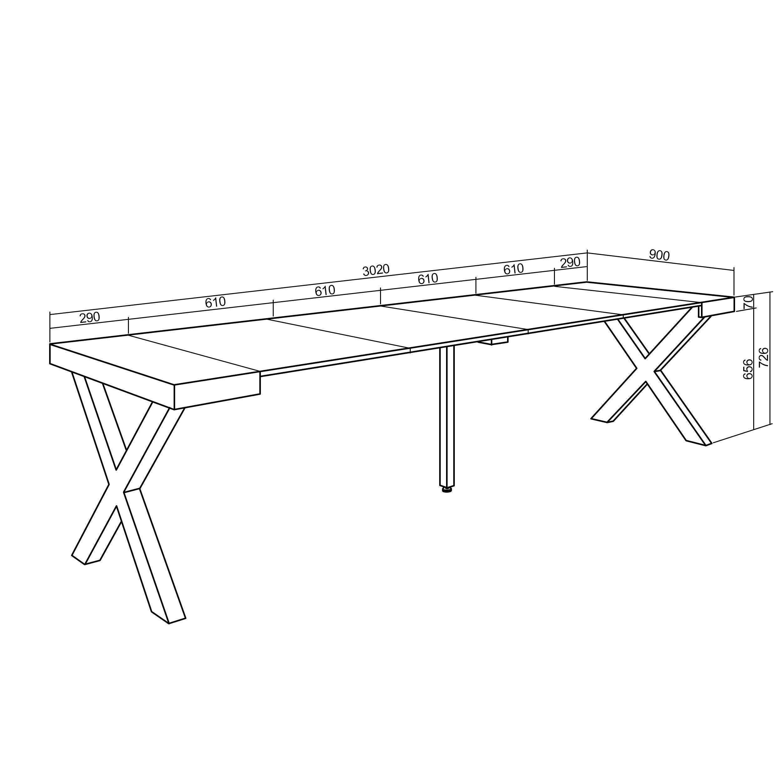 Table console extensible blanche & chêne 300 cm – Jusqu’à 14 personnes – Pieds en bois massif blancs en croix