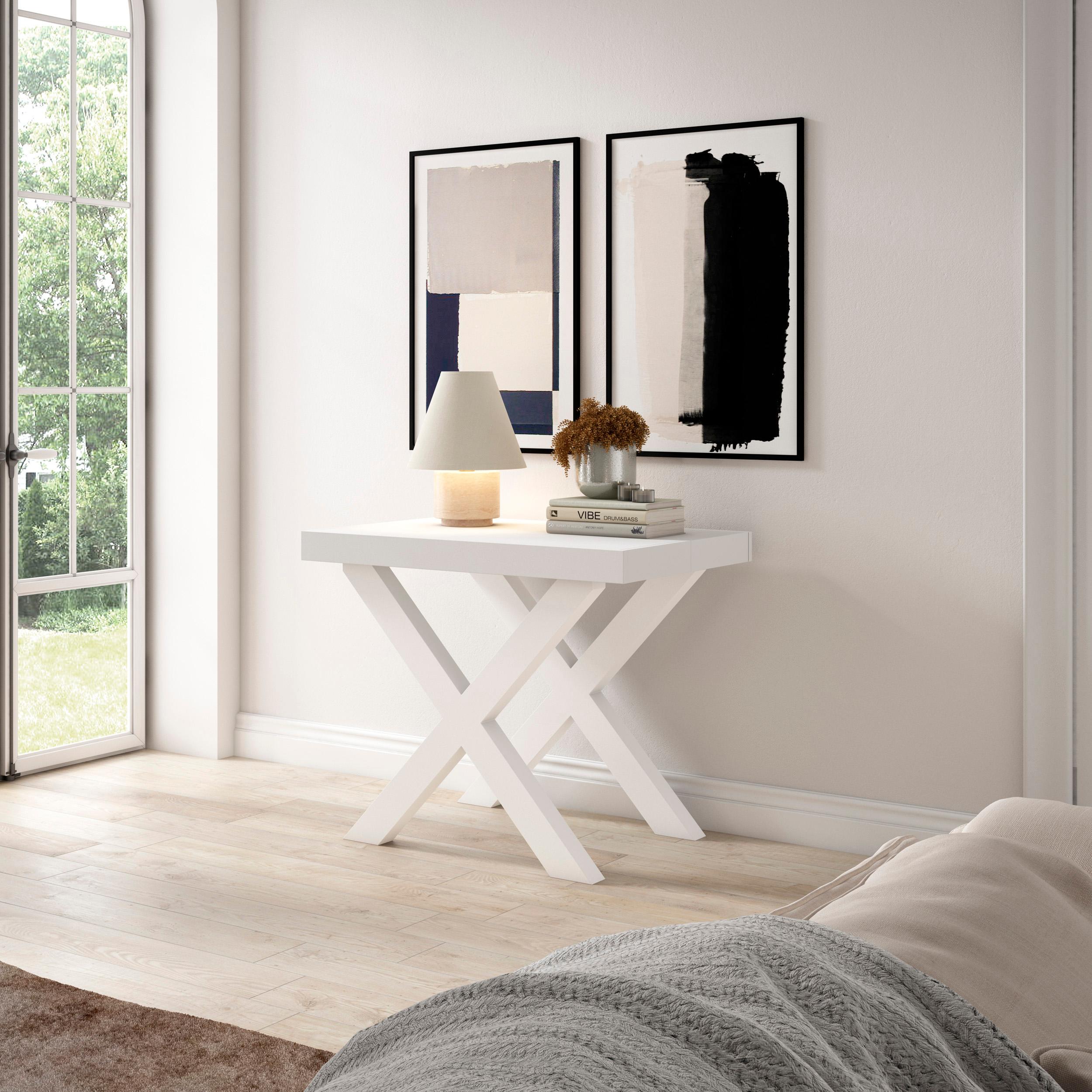 Table console extensible ciment & blanche 260 cm – Jusqu’à 12 personnes – Pieds en bois massif blancs en croix