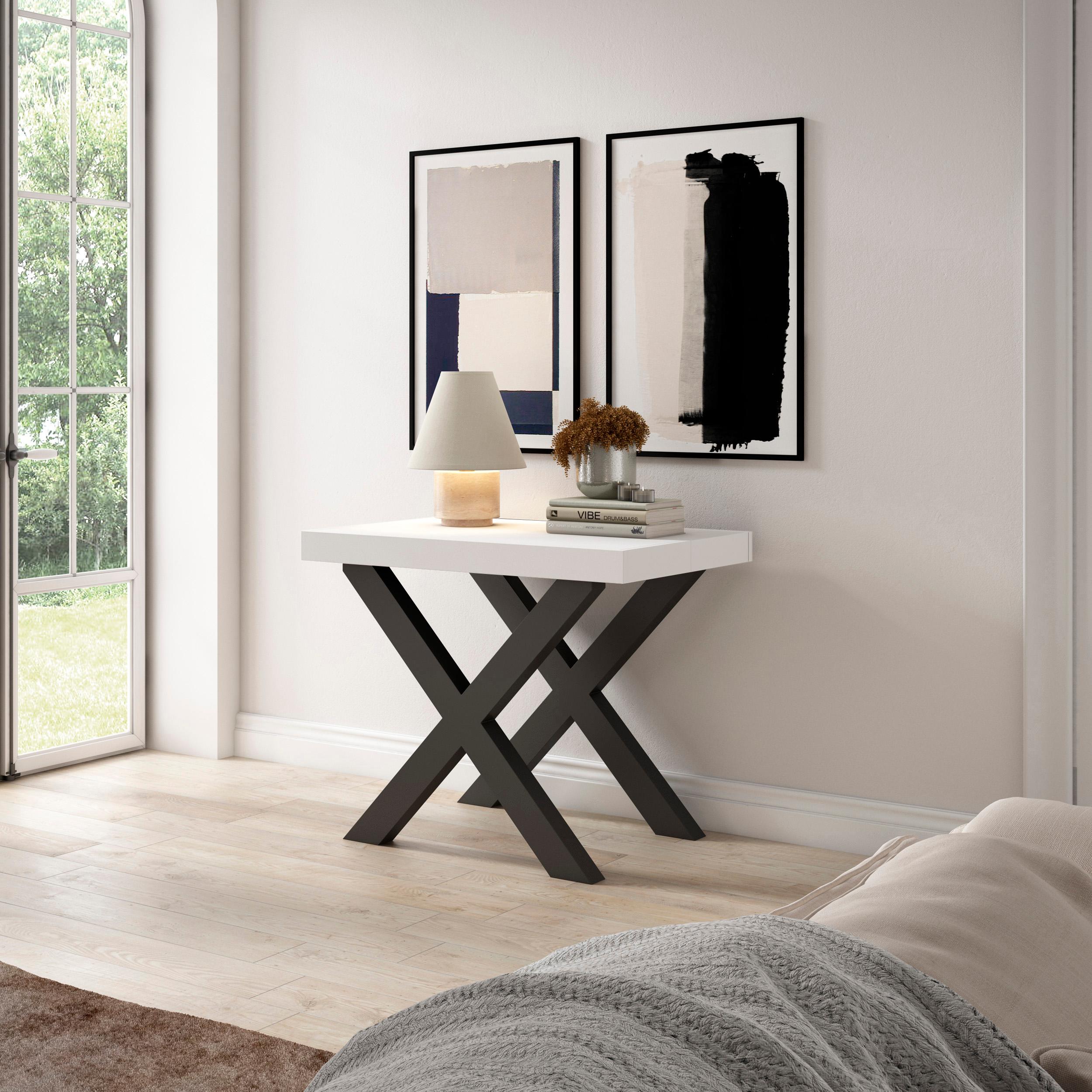 Table console extensible blanche 300 cm – Jusqu’à 14 personnes – Pieds en bois massif noirs en croix