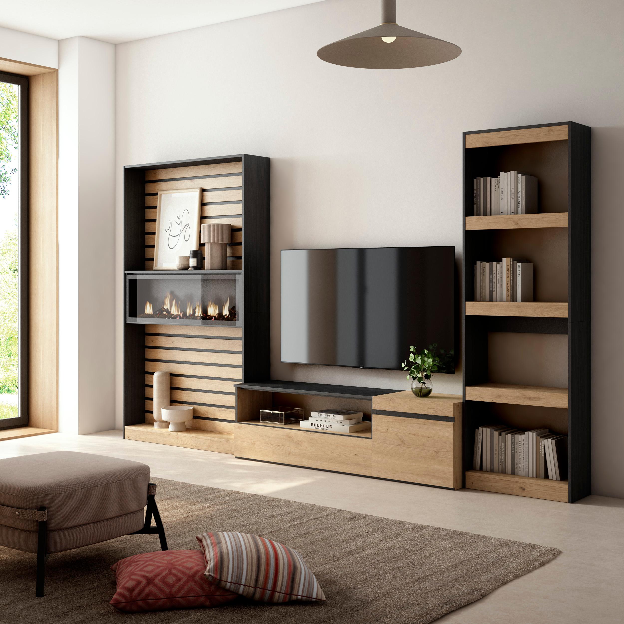 Ensemble Meuble TV - 320x186x35cm - Cheminée électrique - Chêne et noir