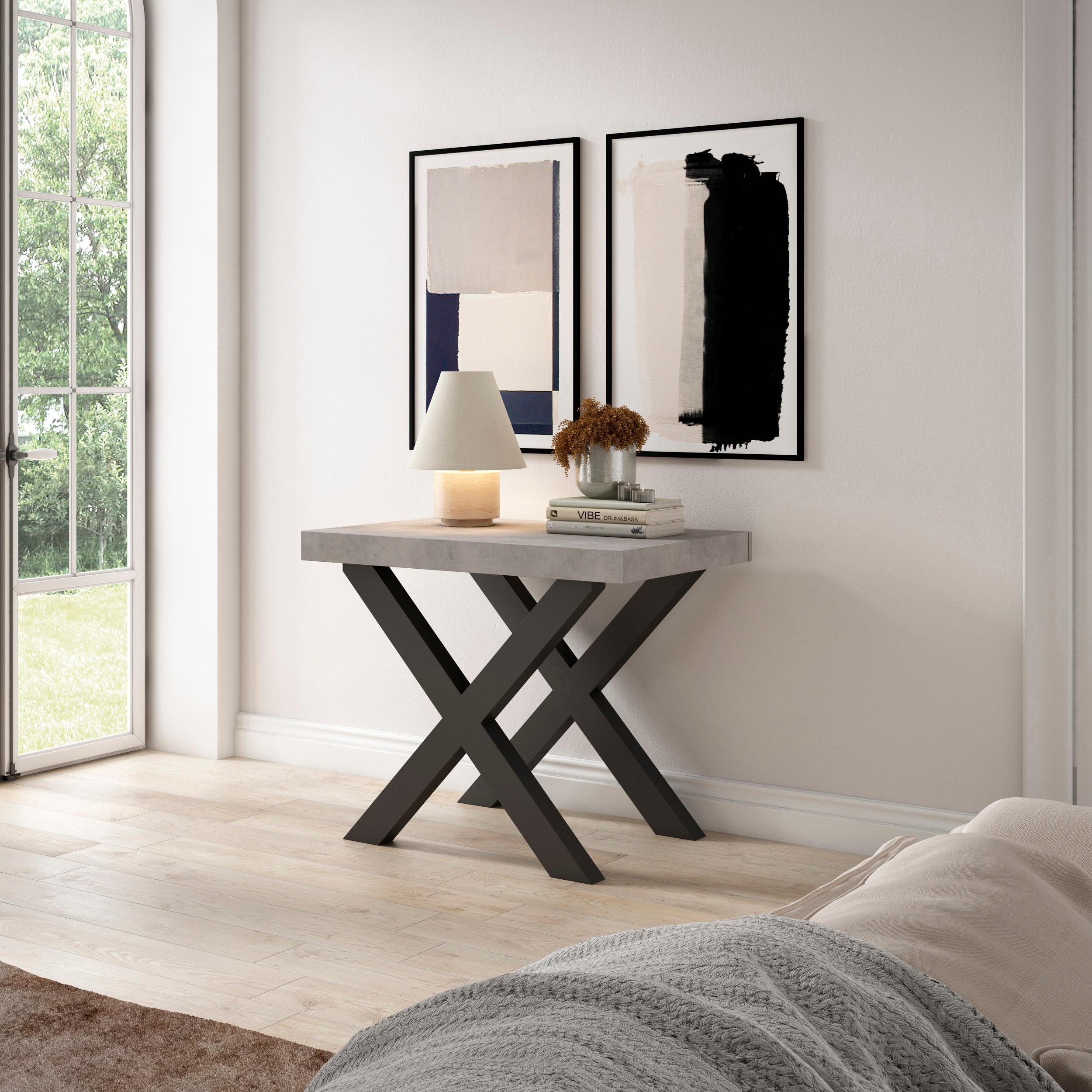 Table console extensible blanche & ciment 180 cm – Jusqu’à 8 personnes – Pieds en bois massif noirs en croix