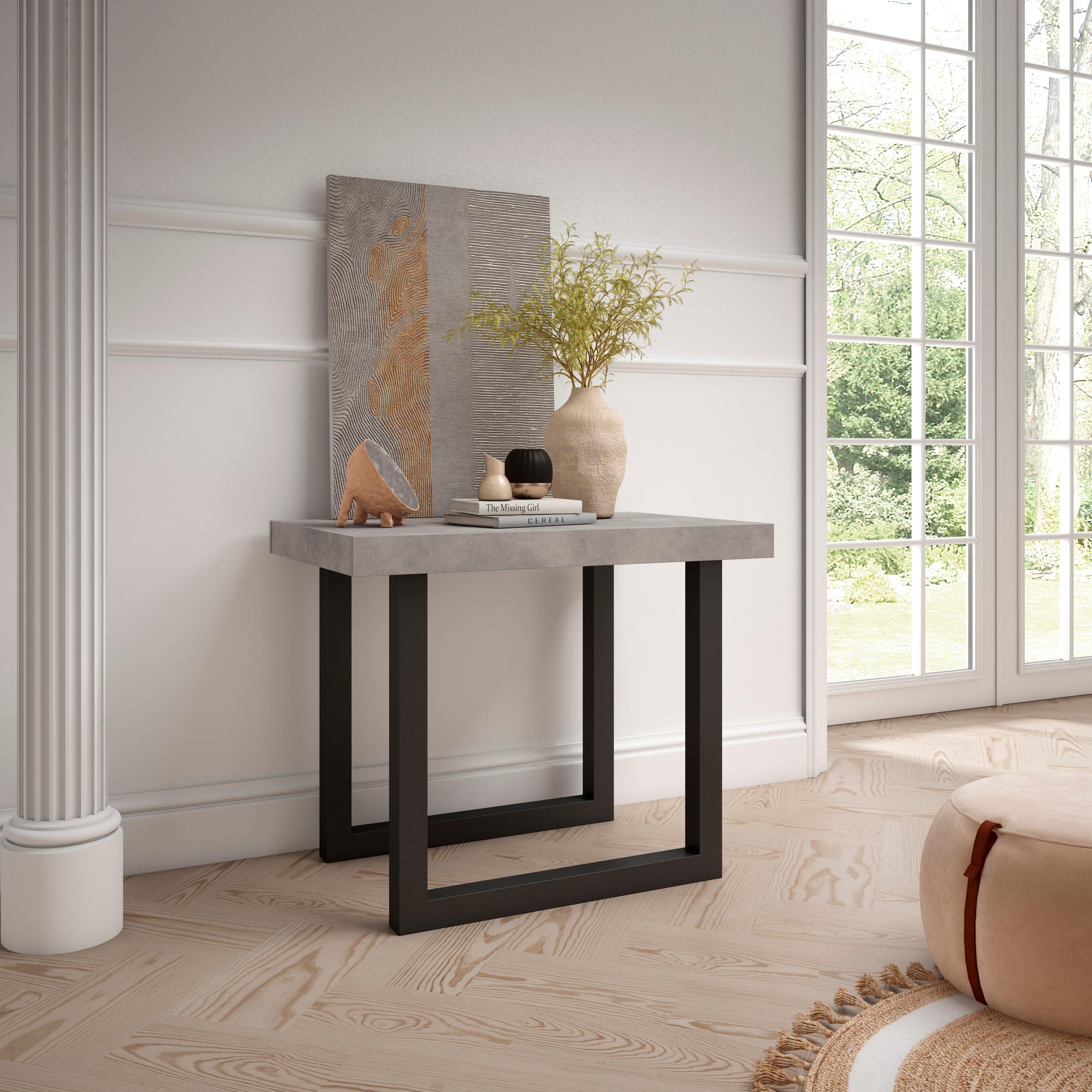 Table console extensible ciment 300 cm – Jusqu’à 14 personnes – Pieds en bois massif noirs en U