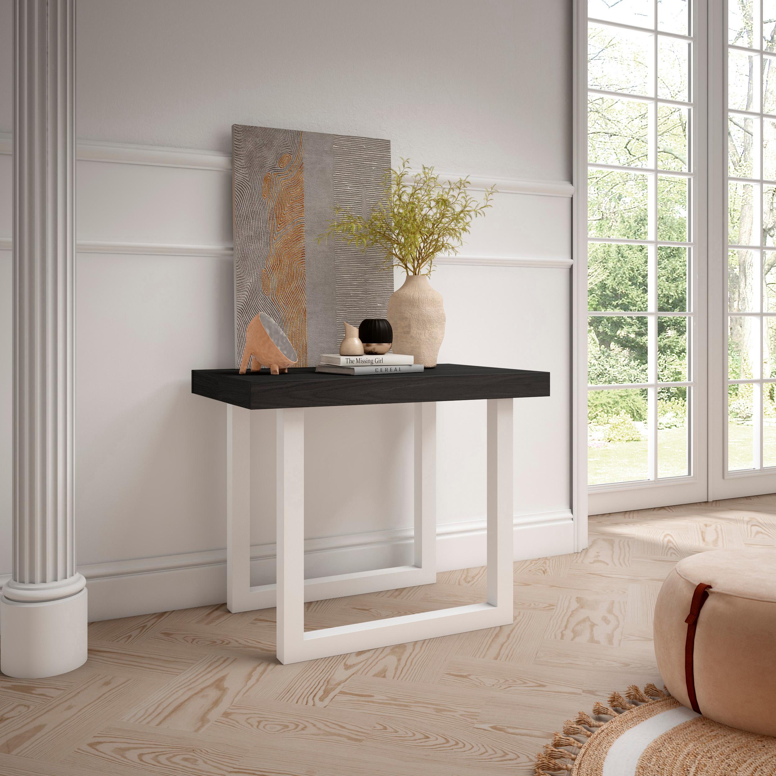 Table console extensible noire 300 cm – Jusqu’à 14 personnes – Pieds en bois massif blancs en U