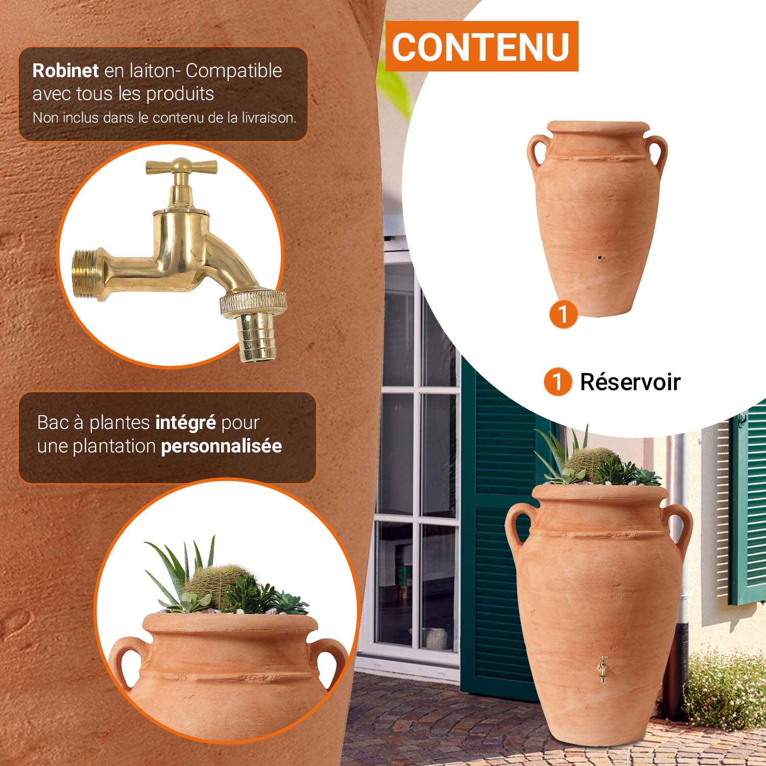 Récupérateur d´eau de pluie - Réservoir Antik amphore 600 L - Terracotta