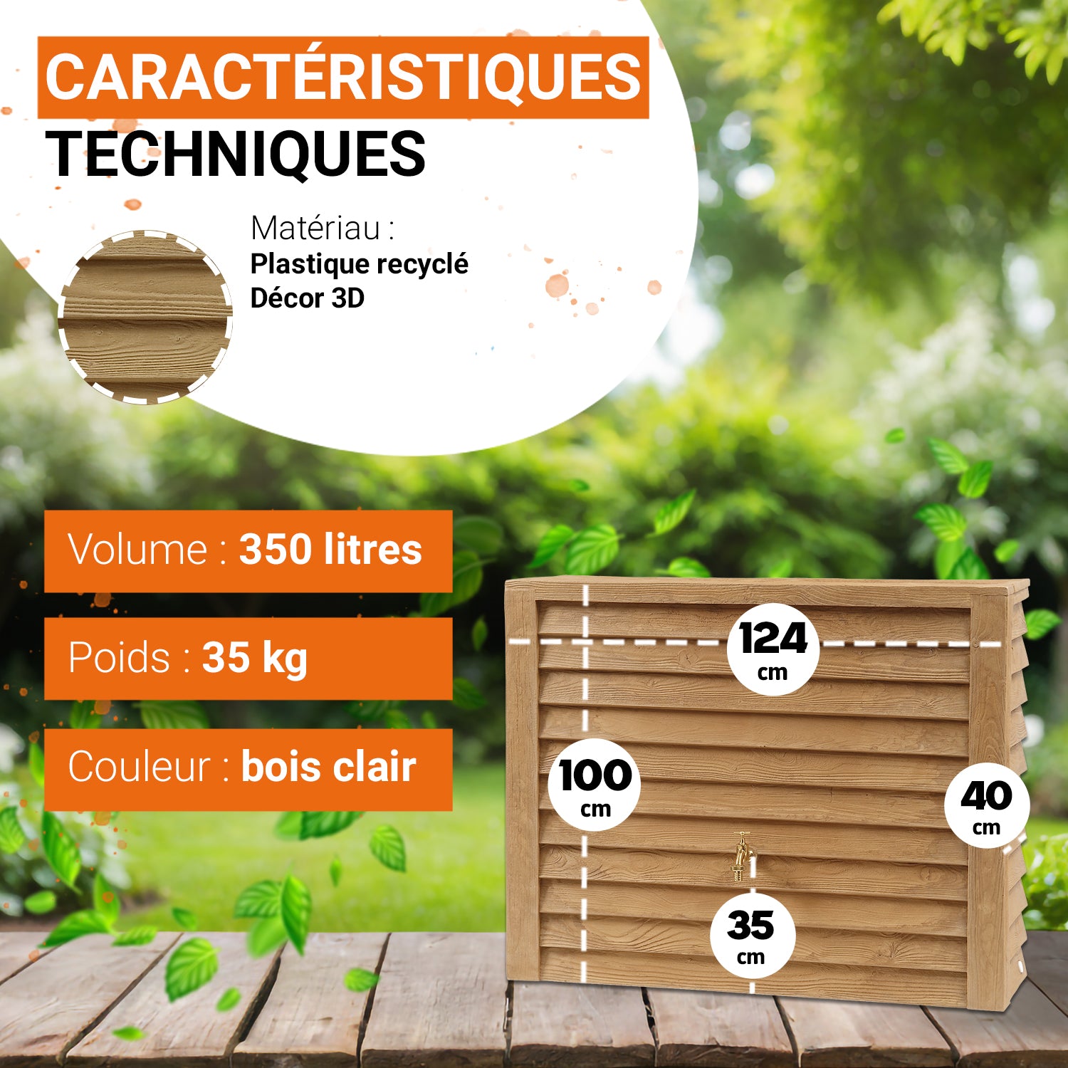 Récupérateur d´eau de pluie - Réservoir mural Woody 350 L - Bois clair