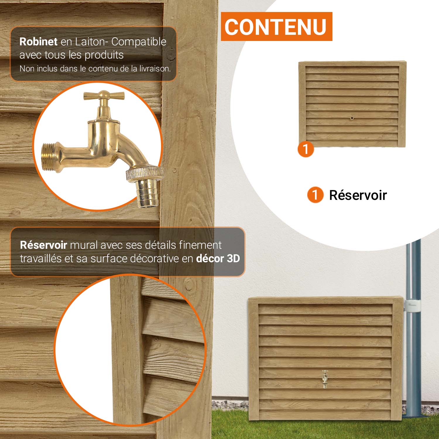 Récupérateur d´eau de pluie - Réservoir mural Woody 350 L - Bois clair