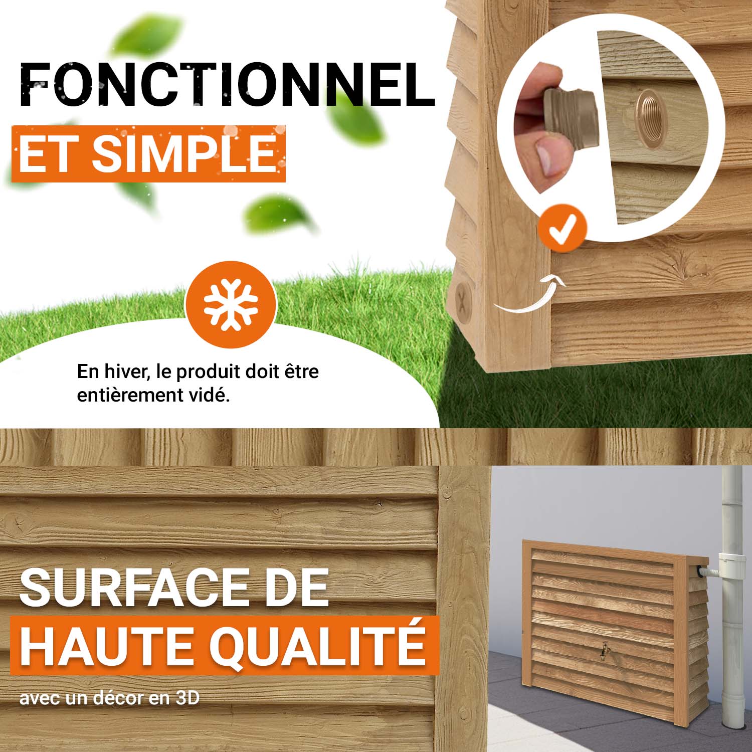 Récupérateur d´eau de pluie - Réservoir mural Woody 350 L - Bois clair