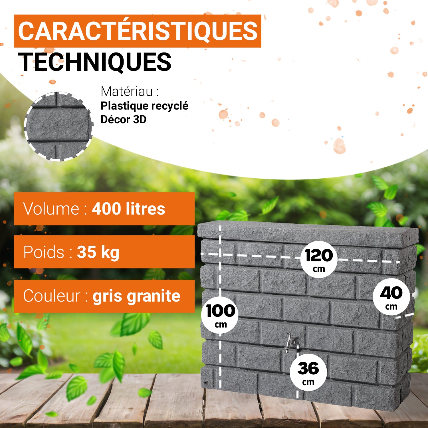 Récupérateur d´eau de pluie - Réservoir mural Rocky 400 L - Gris granit