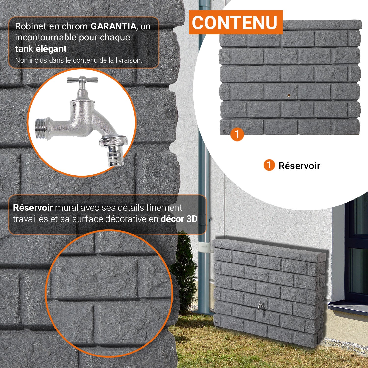 Récupérateur d´eau de pluie - Réservoir mural Rocky 400 L - Gris granit