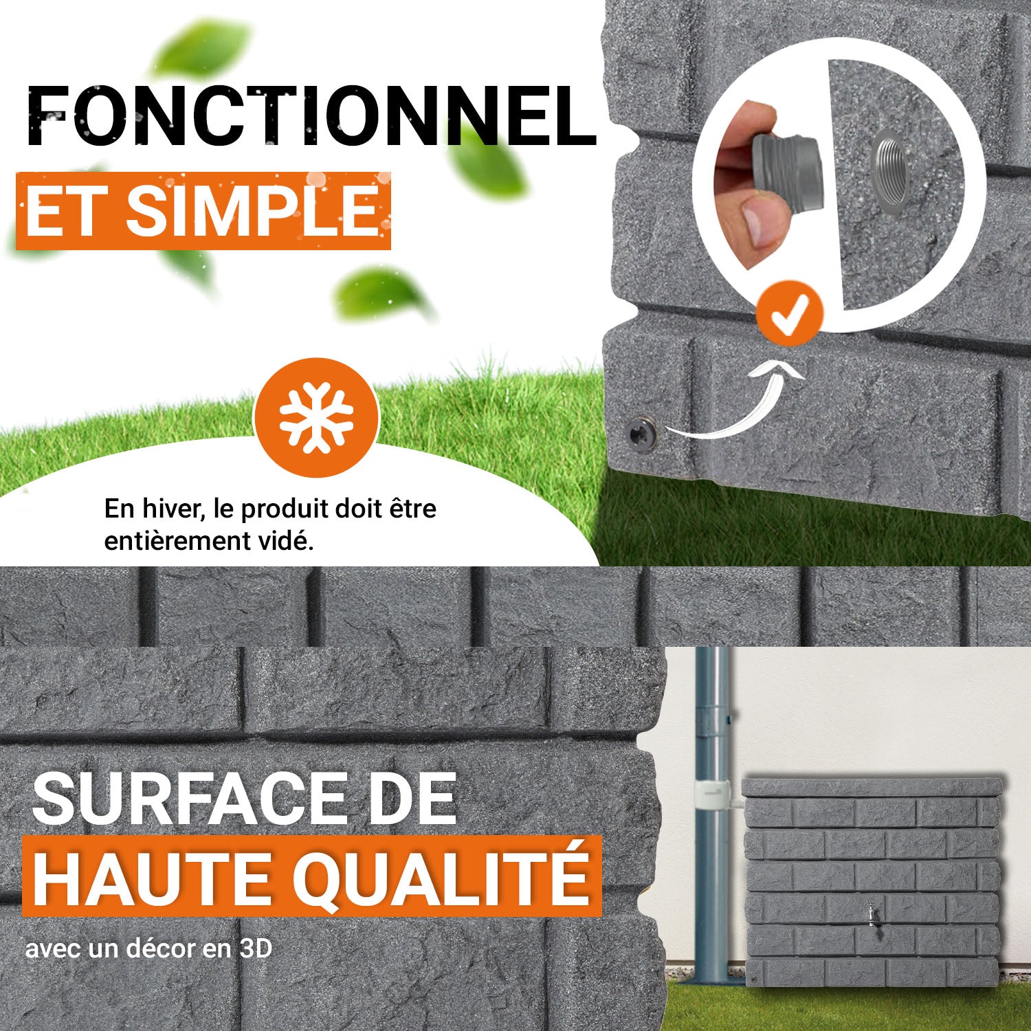 Récupérateur d´eau de pluie - Réservoir mural Rocky 400 L - Gris granit