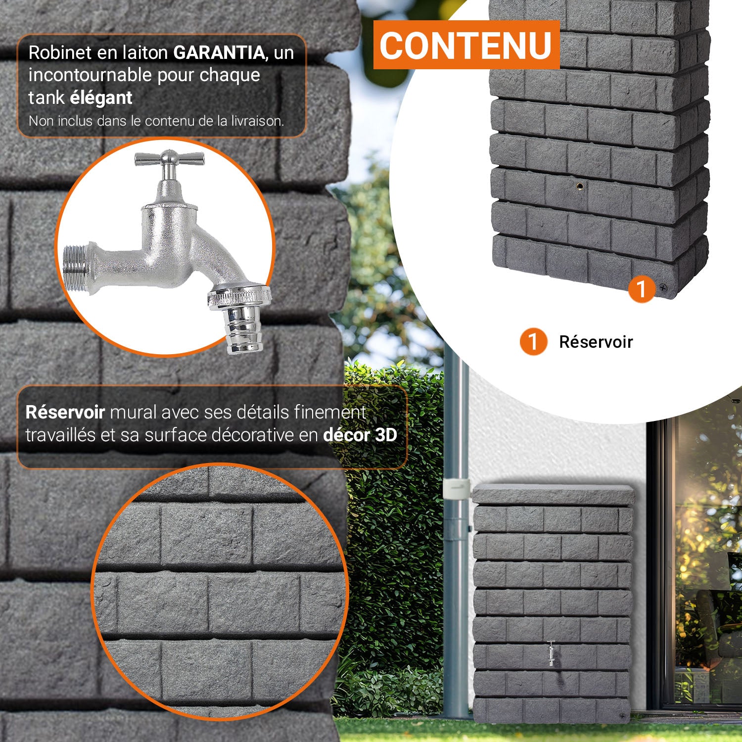 Récupérateur d´eau de pluie - Réservoir mural Rocky Jr 300 L - Gris foncé