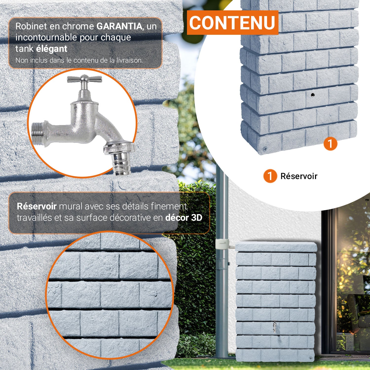 Récupérateur d´eau de pluie - Réservoir mural Rocky Jr 300 L - Gris clair