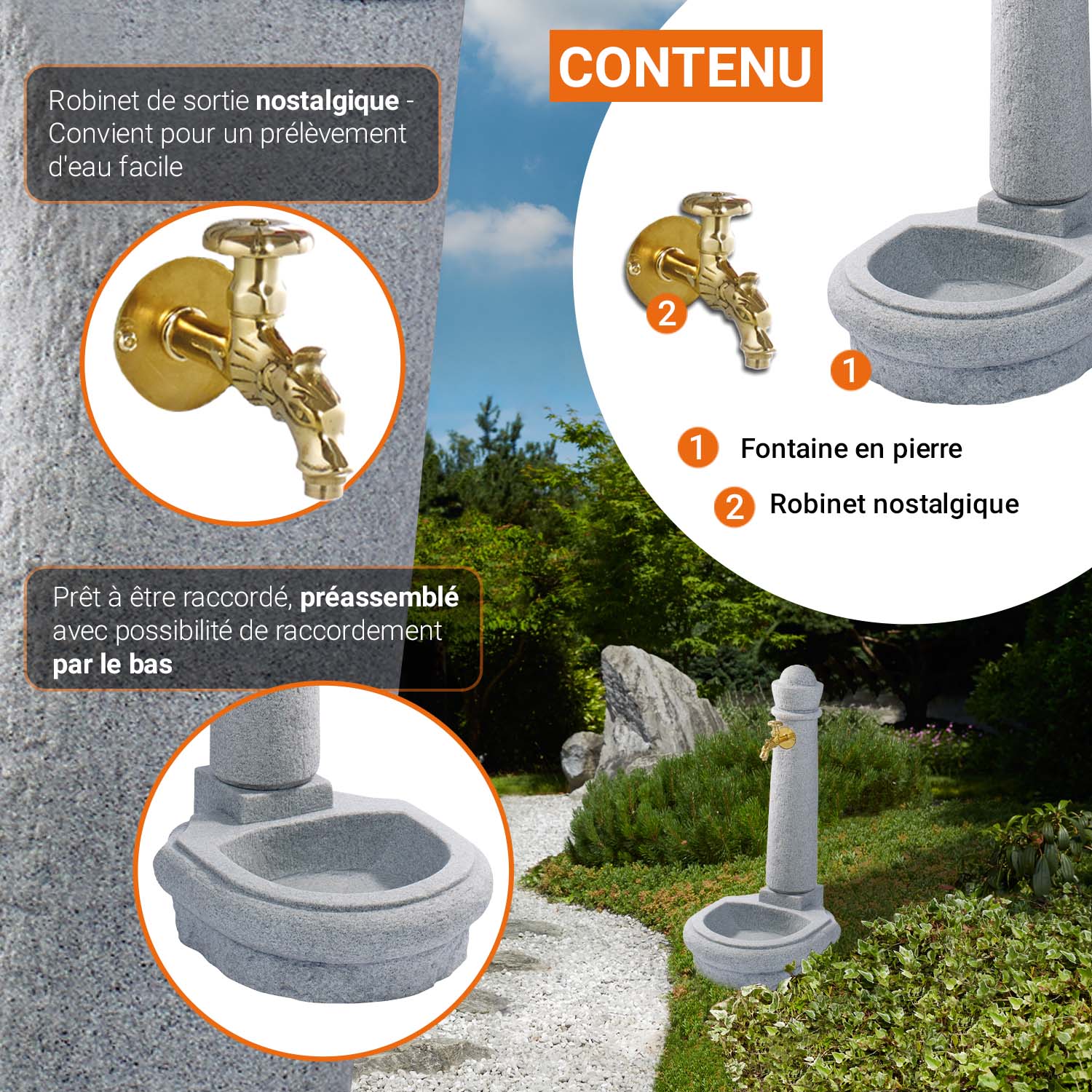 Fontaine de jardin Venezia gris clair - Robinet nostalgie - Grande vasque