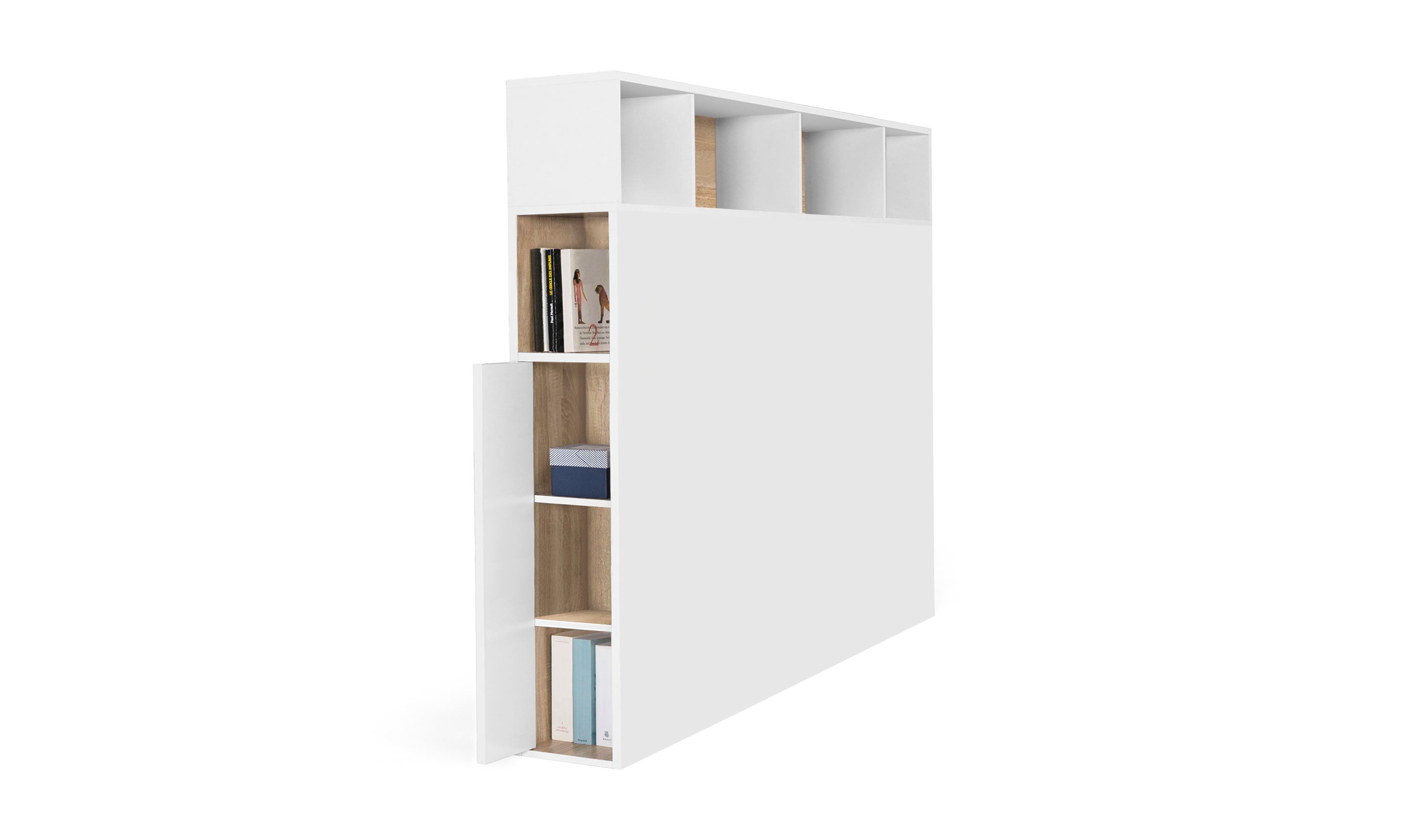 Tête de lit blanche et bois avec rangements 145cm