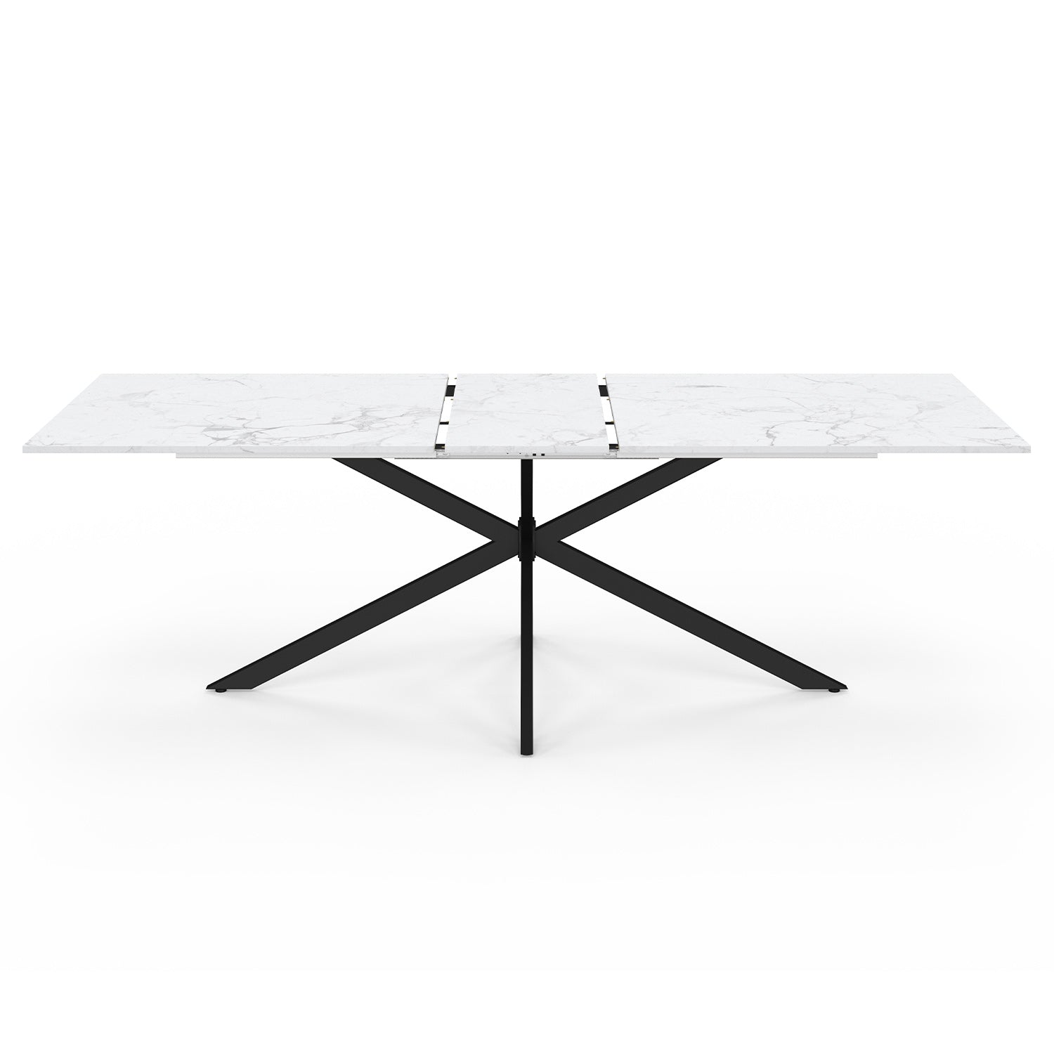 Table repas Glam plateau extensible  200-240cm effet marbre blanc et pieds croisés noirs