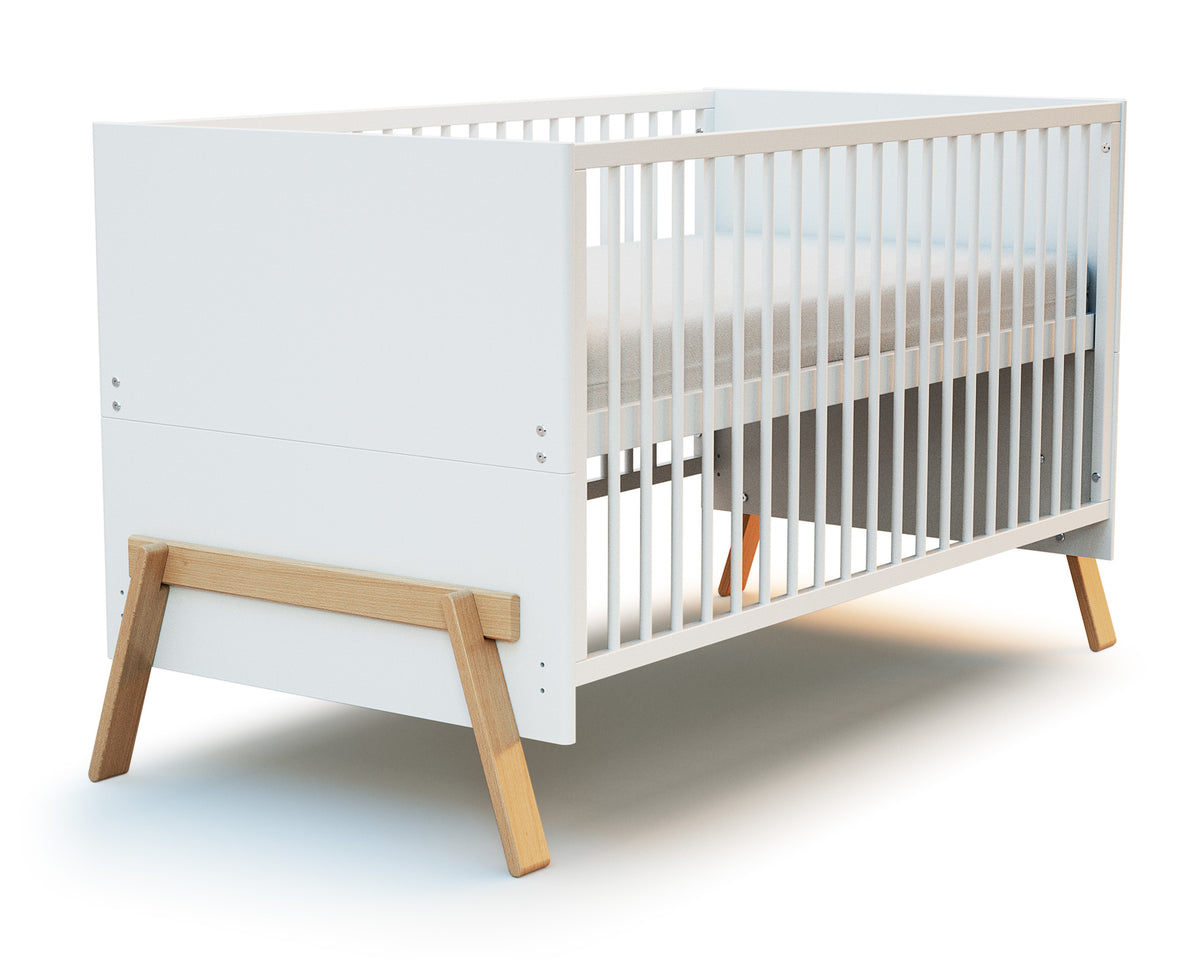 Lit bébé évolutif en bois CANAILLE Blanc et hêtre verni 70 x 140 cm