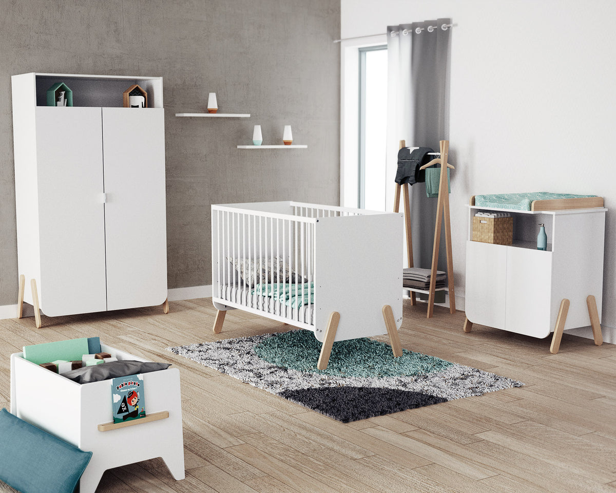 Meuble à langer 2 portes, 1 niche en bois PIRATE Blanc et Hêtre