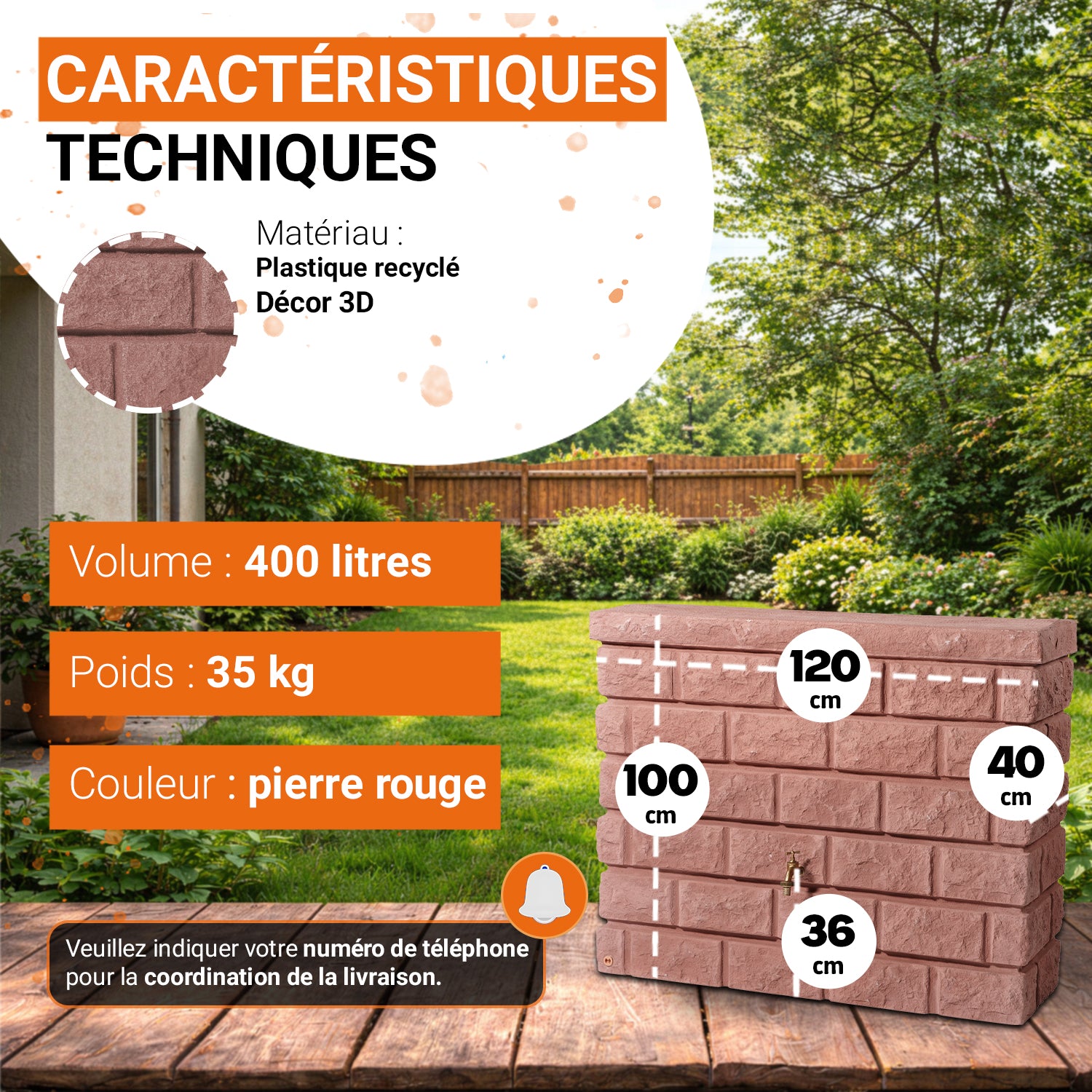 Récupérateur d´eau de pluie - Réservoir mural Rocky 400 L - Redstone