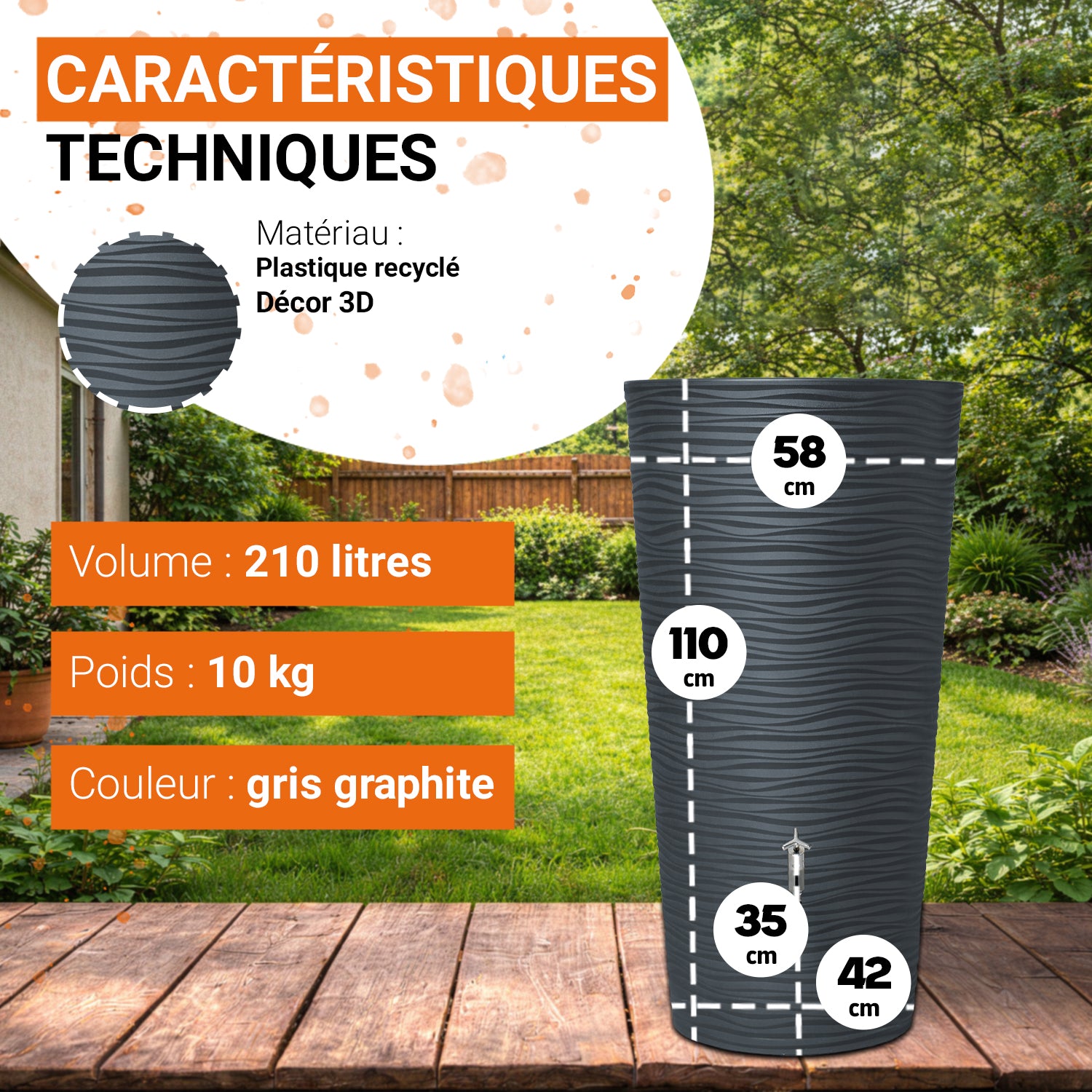 Récupérateur d´eau de pluie 210 L - Graphite avec bac à plantes