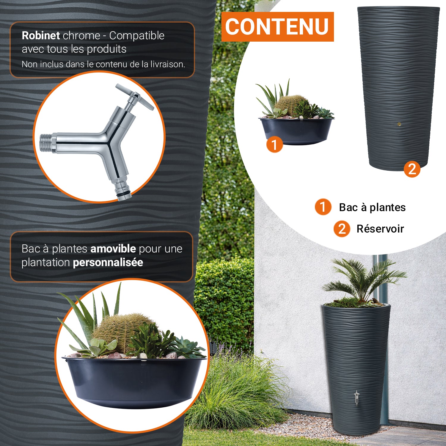 Récupérateur d´eau de pluie 210 L - Graphite avec bac à plantes