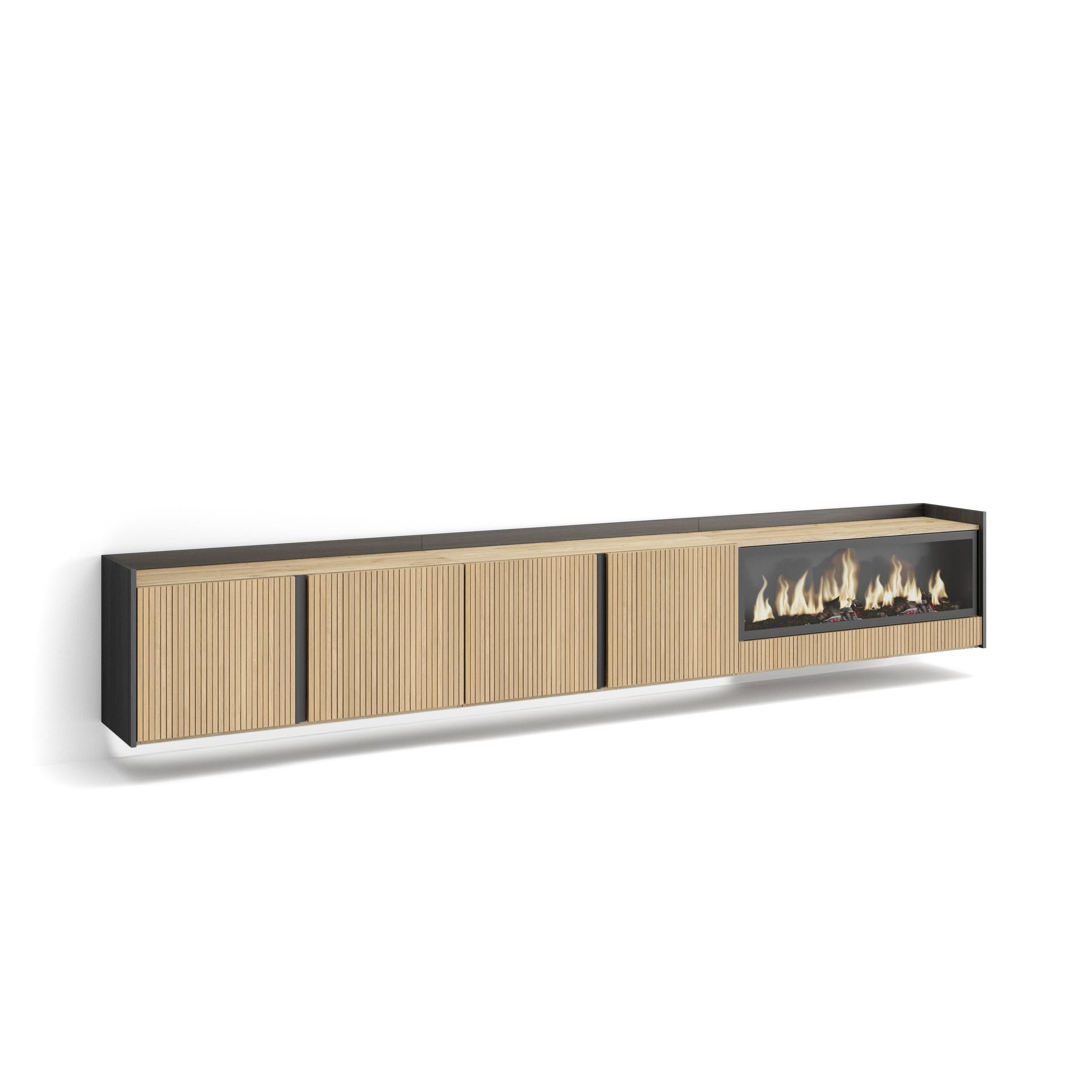 Meuble TV Suspendu Led 315x50x35 cm Pour les TV jusqu'à 80" Cheminée électrique à droite XXL Mural Chêne et noir