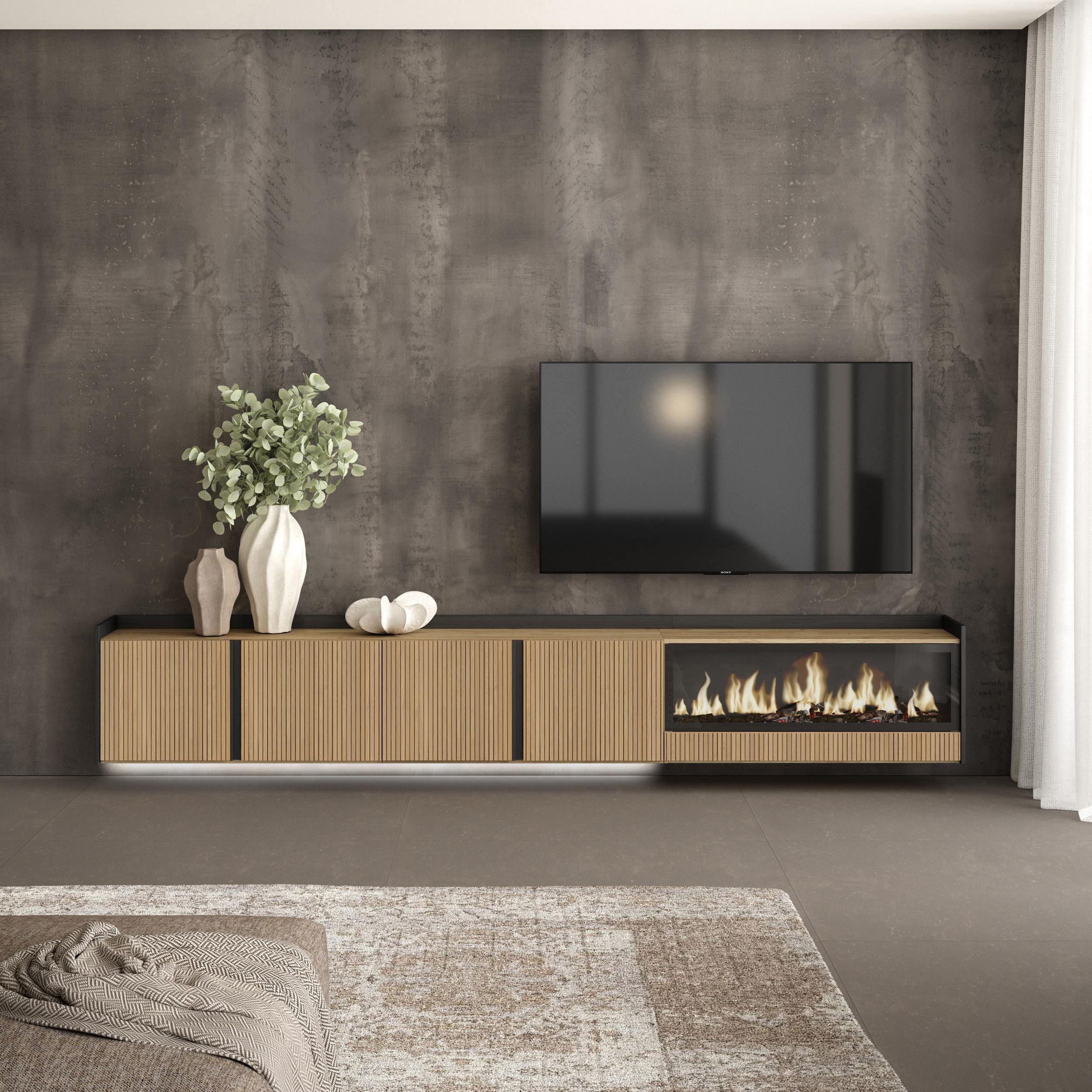 Meuble TV Suspendu Led 315x50x35 cm Pour les TV jusqu'à 80" Cheminée électrique à droite XXL Mural Chêne et noir