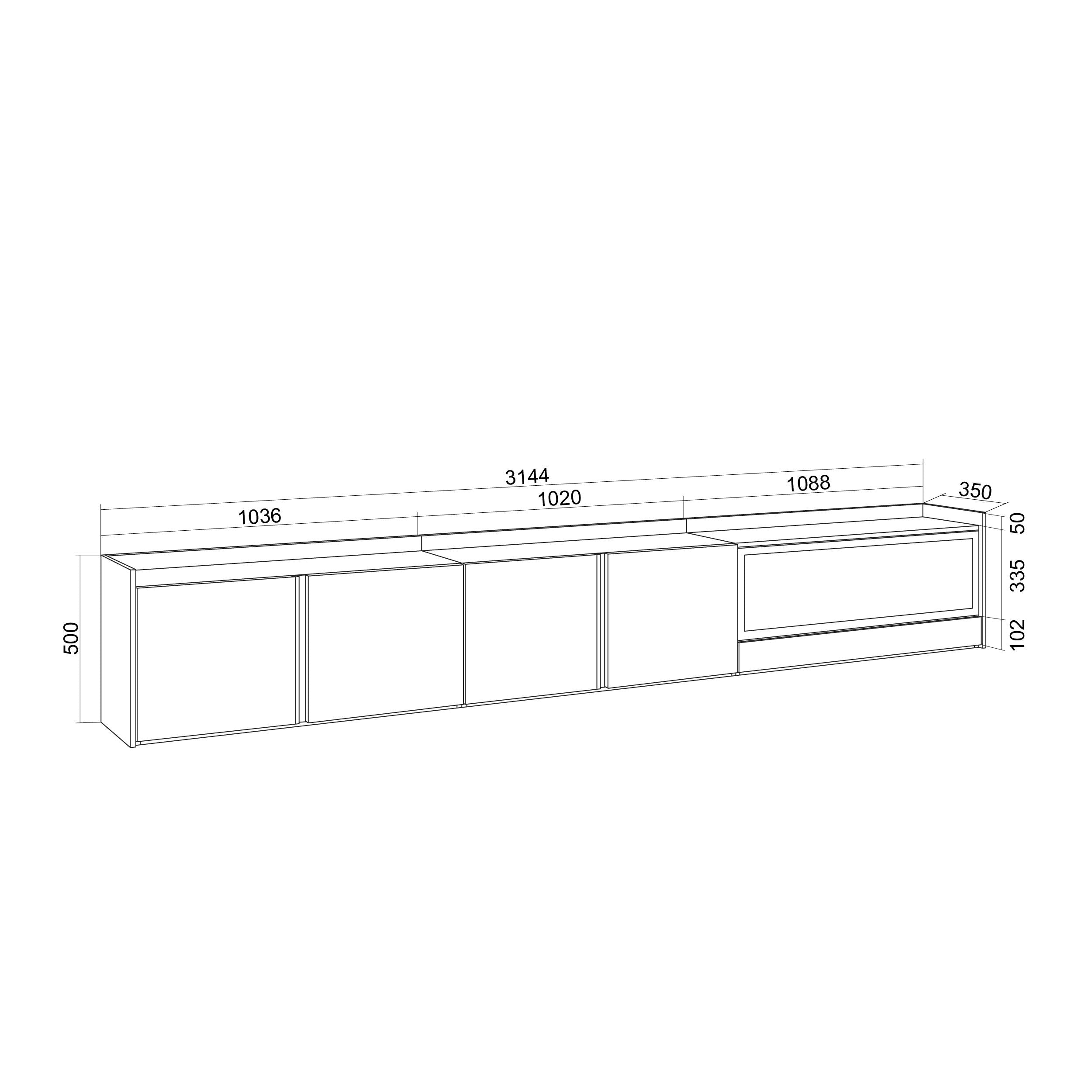 Meuble TV Suspendu Led 315x50x35 cm Pour les TV jusqu'à 80" Cheminée électrique à droite XXL Mural Chêne et noir