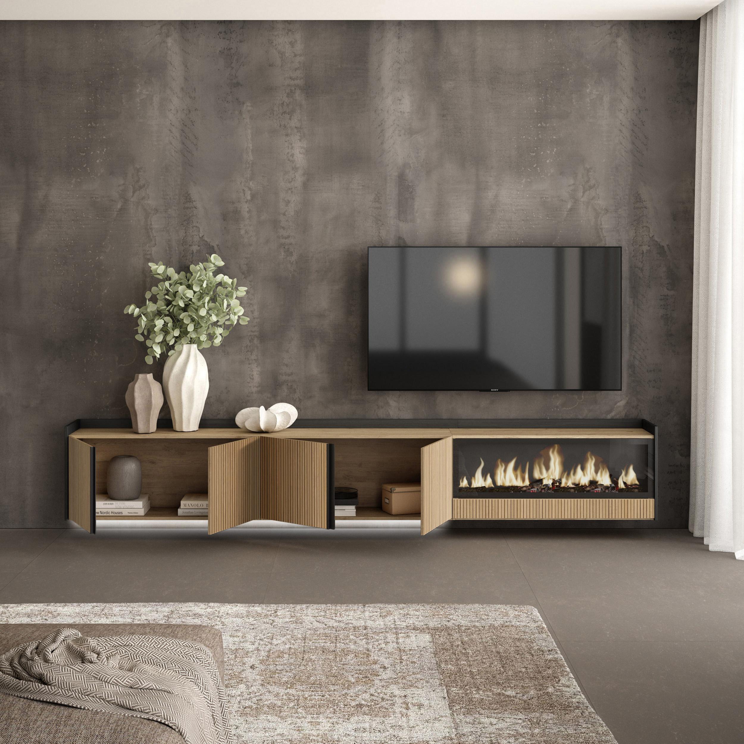 Meuble TV Suspendu Led 315x50x35 cm Pour les TV jusqu'à 80" Cheminée électrique à droite XXL Mural Chêne et noir