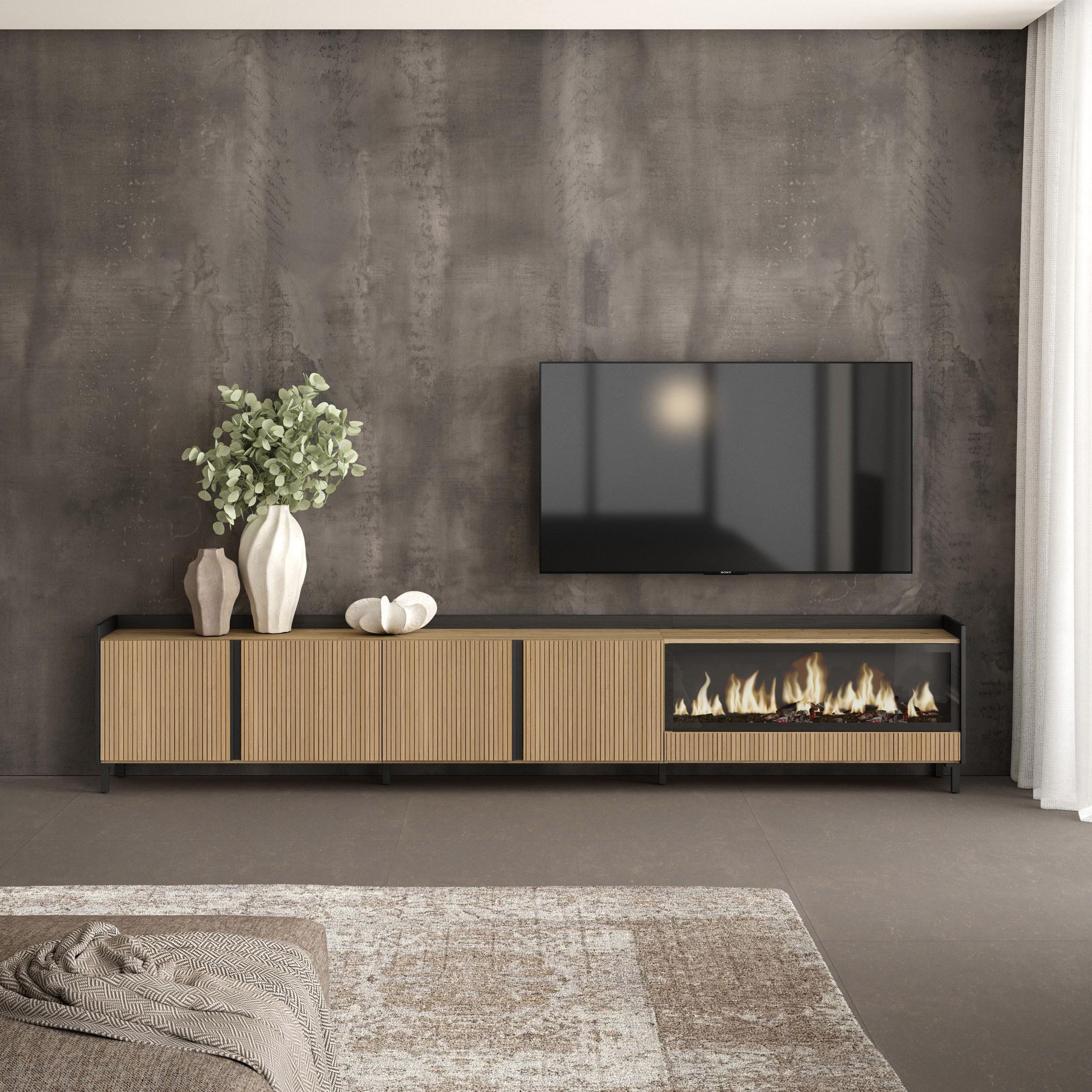 Meuble TV 315x61x35 cm Pour les TV jusqu'à 80" Cheminée électrique à droite XXL Design industriel Chêne et noir