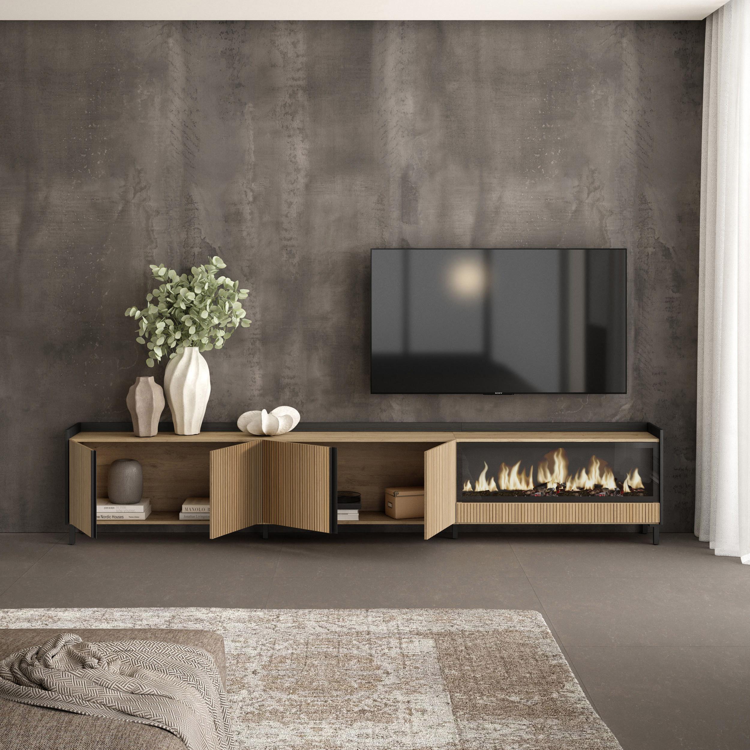 Meuble TV 315x61x35 cm Pour les TV jusqu'à 80" Cheminée électrique à droite XXL Design industriel Chêne et noir