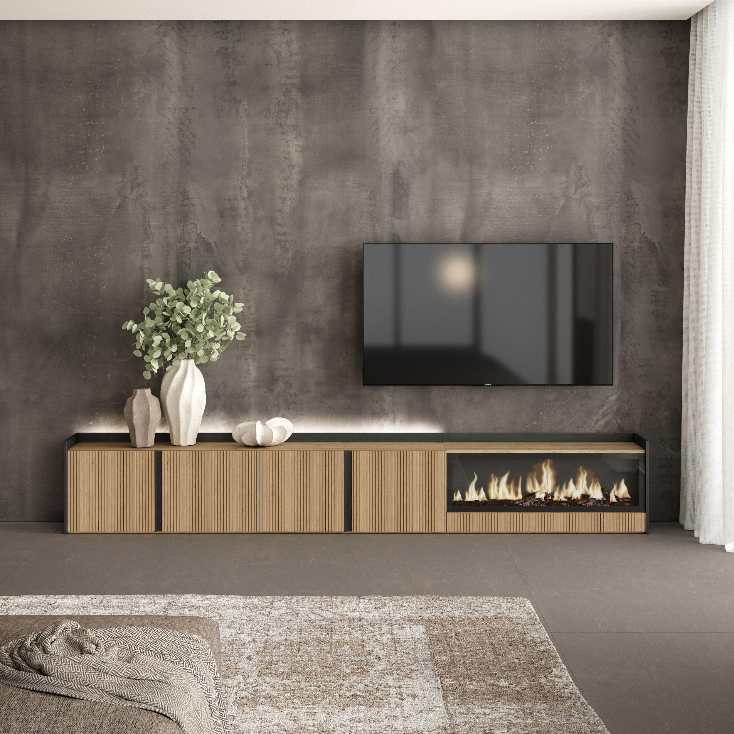 Meuble TV Led 315x50x35 cm Pour les TV jusqu'à 80" Cheminée électrique à droite XXL Chêne et noir