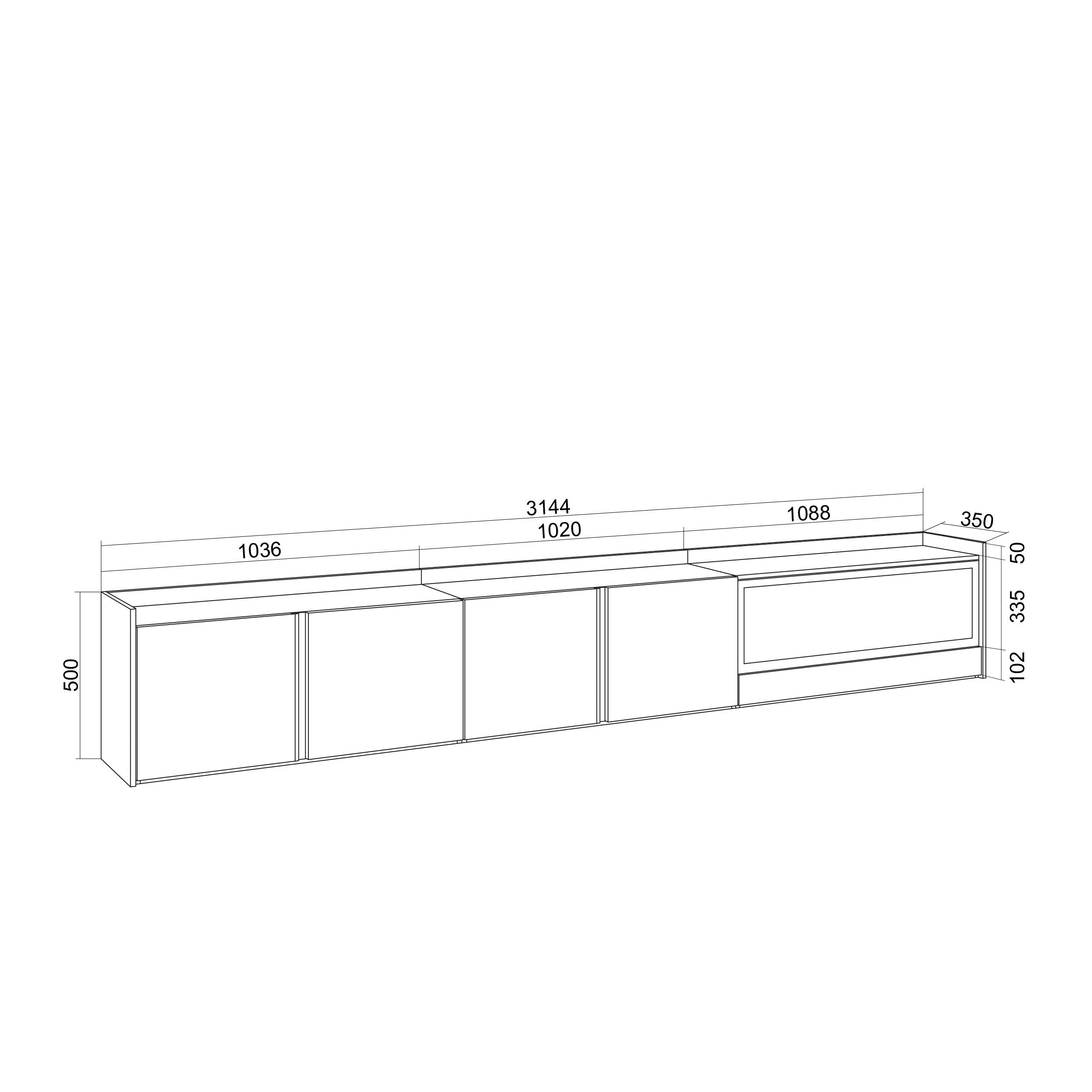 Meuble TV Led 315x50x35 cm Pour les TV jusqu'à 80" Cheminée électrique à droite XXL Chêne et noir