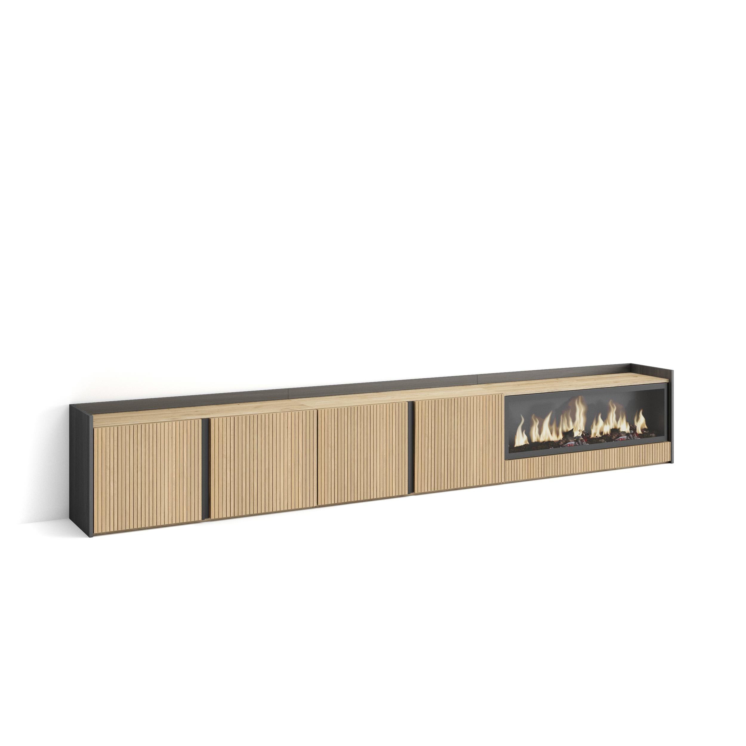 Meuble TV 315x50x35 cm Pour les TV jusqu'à 80" Cheminée électrique à droite XXL Chêne et noir