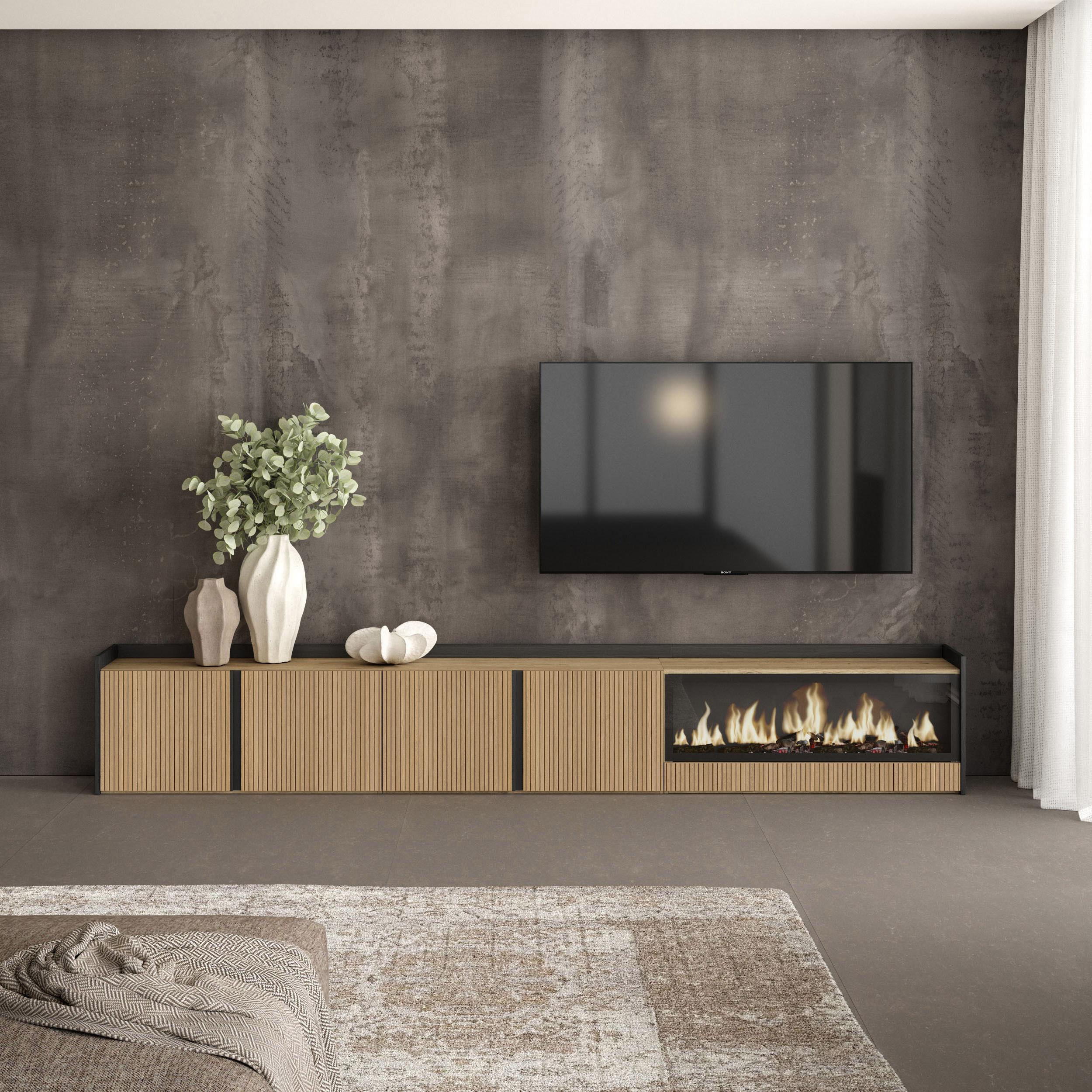 Meuble TV 315x50x35 cm Pour les TV jusqu'à 80" Cheminée électrique à droite XXL Chêne et noir