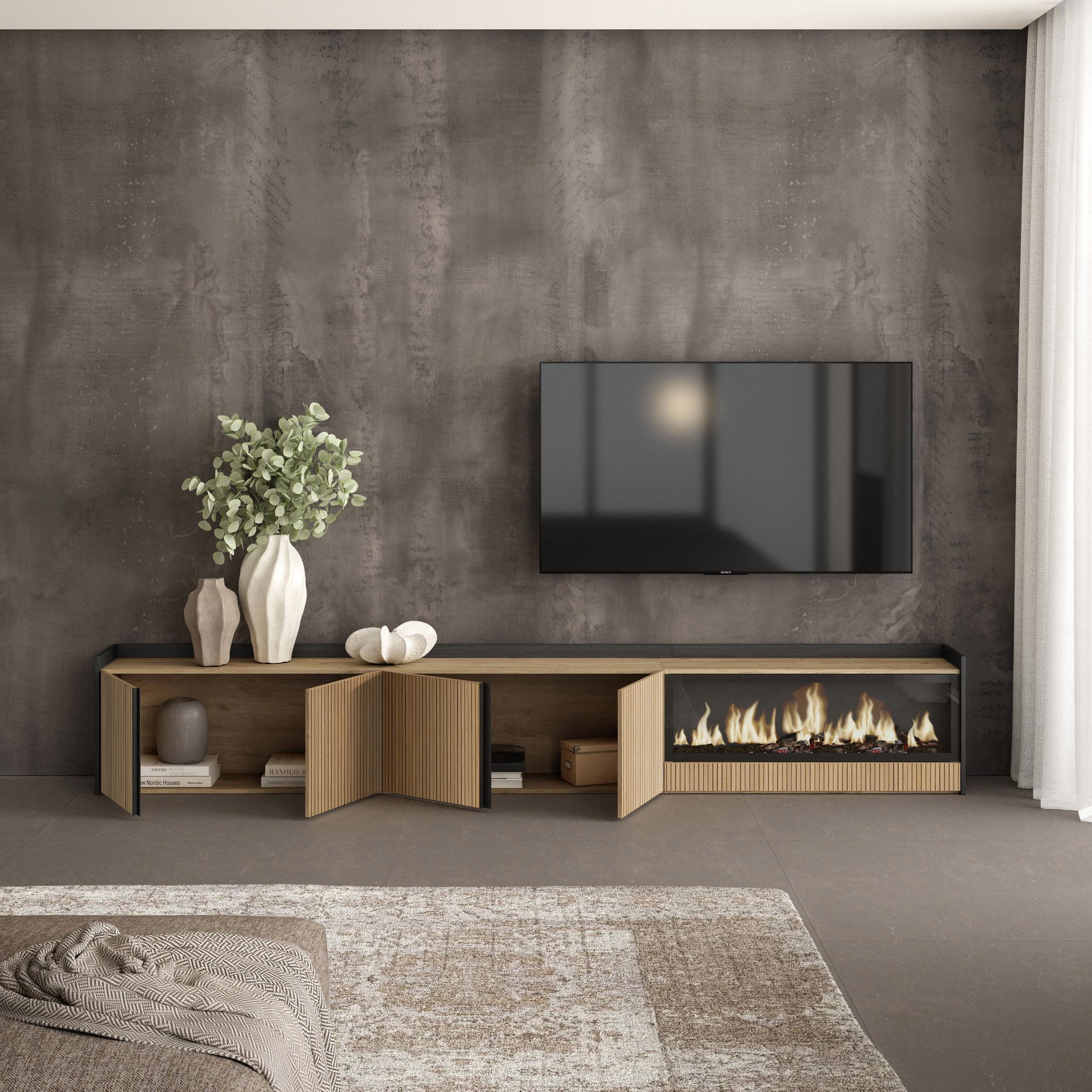 Meuble TV 315x50x35 cm Pour les TV jusqu'à 80" Cheminée électrique à droite XXL Chêne et noir