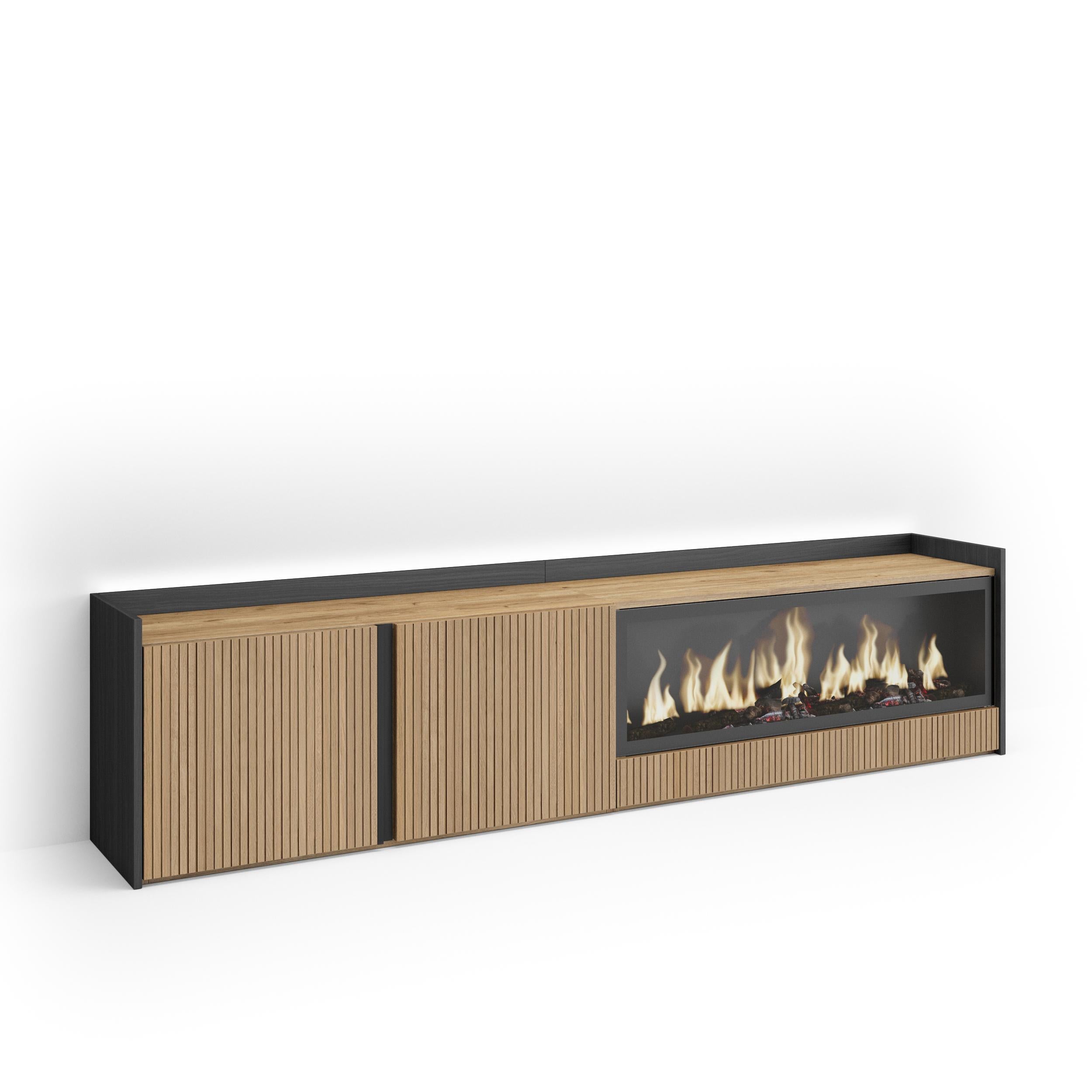 Meuble TV Led 212x50x35 cm Pour les TV jusqu'à 80" Cheminée électrique à droite XXL Chêne et noir