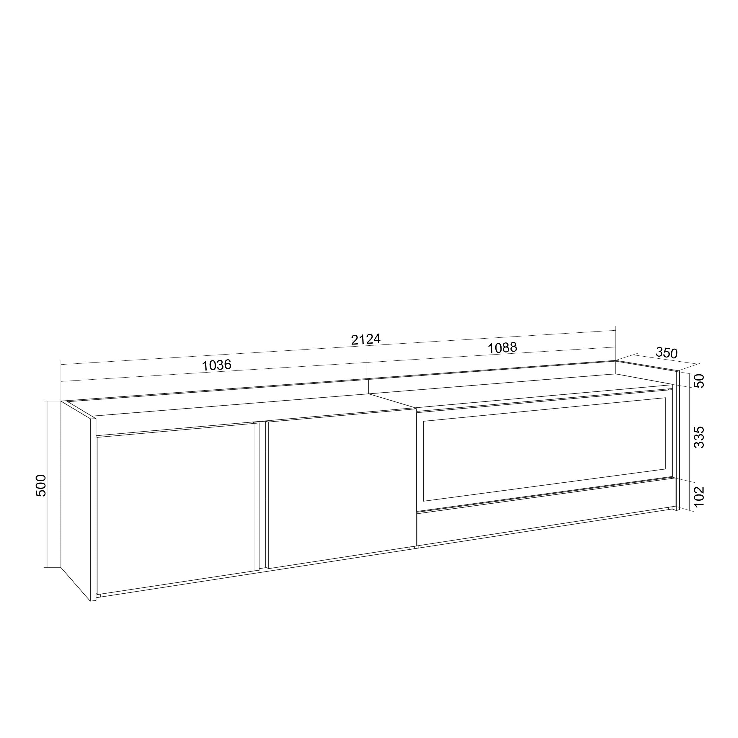 Meuble TV Led 212x50x35 cm Pour les TV jusqu'à 80" Cheminée électrique à droite XXL Chêne et noir