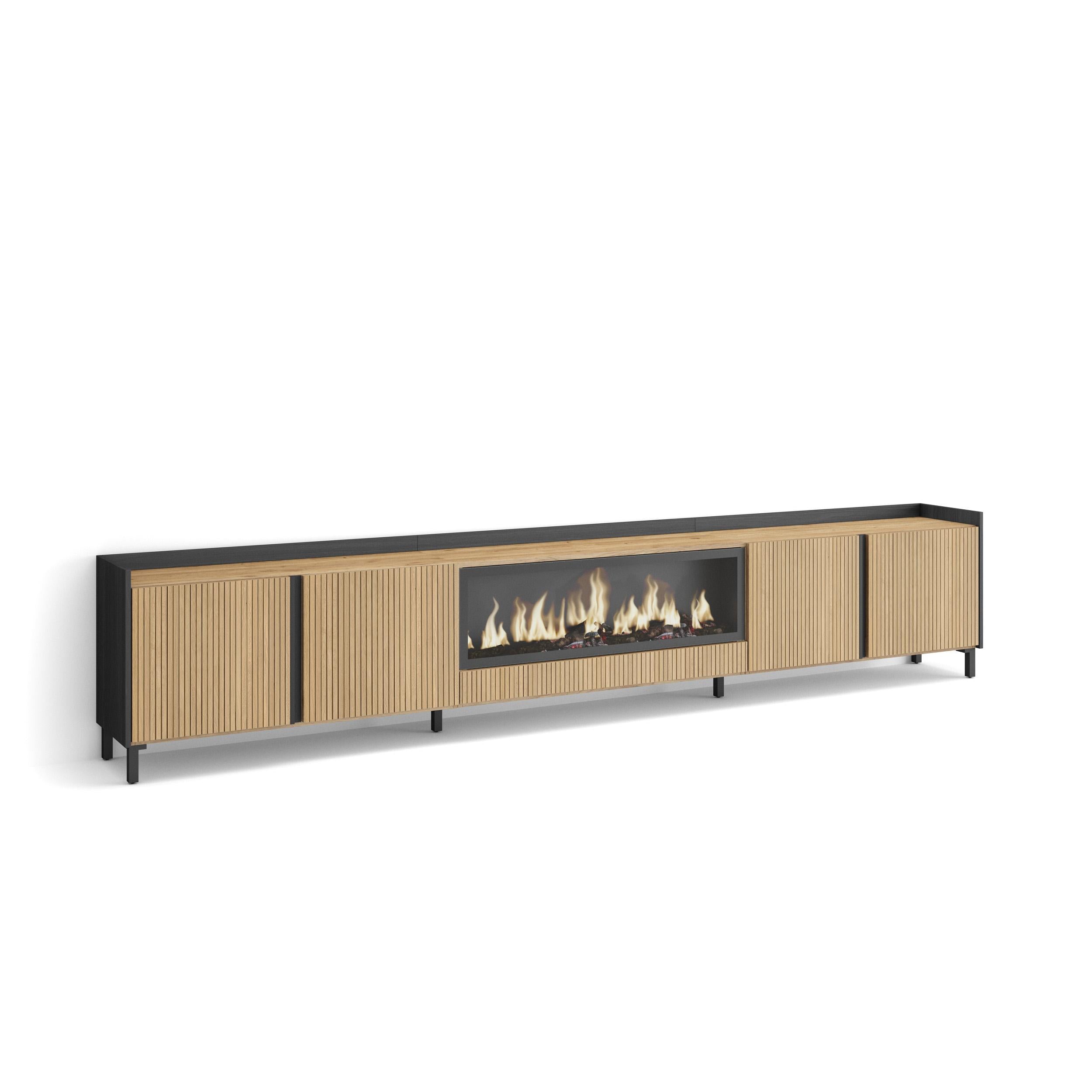 Meuble TV 315x61x35 cm Pour les TV jusqu'à 80" Cheminée électrique au centre XXL Design industriel Chêne et noir