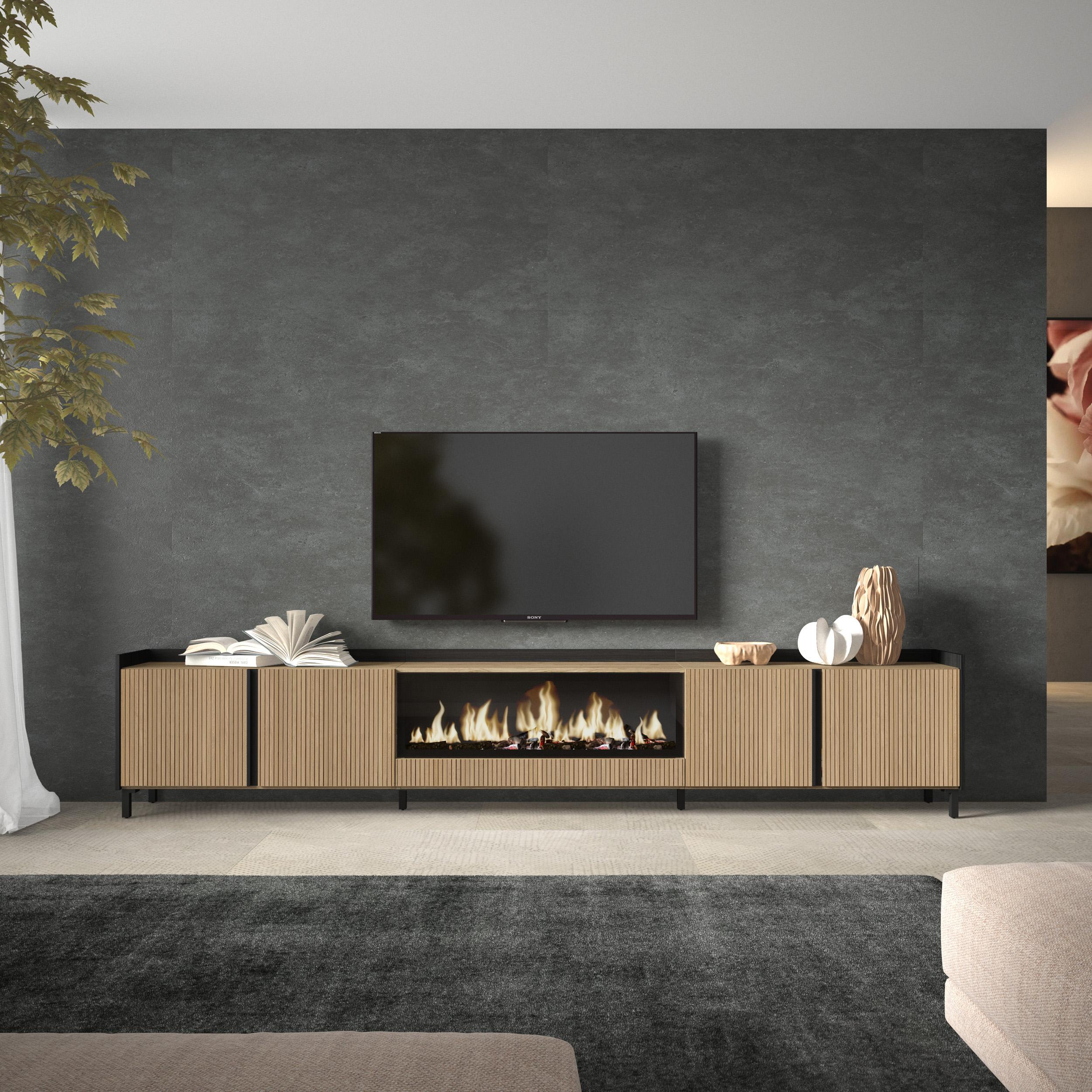 Meuble TV 315x61x35 cm Pour les TV jusqu'à 80" Cheminée électrique au centre XXL Design industriel Chêne et noir