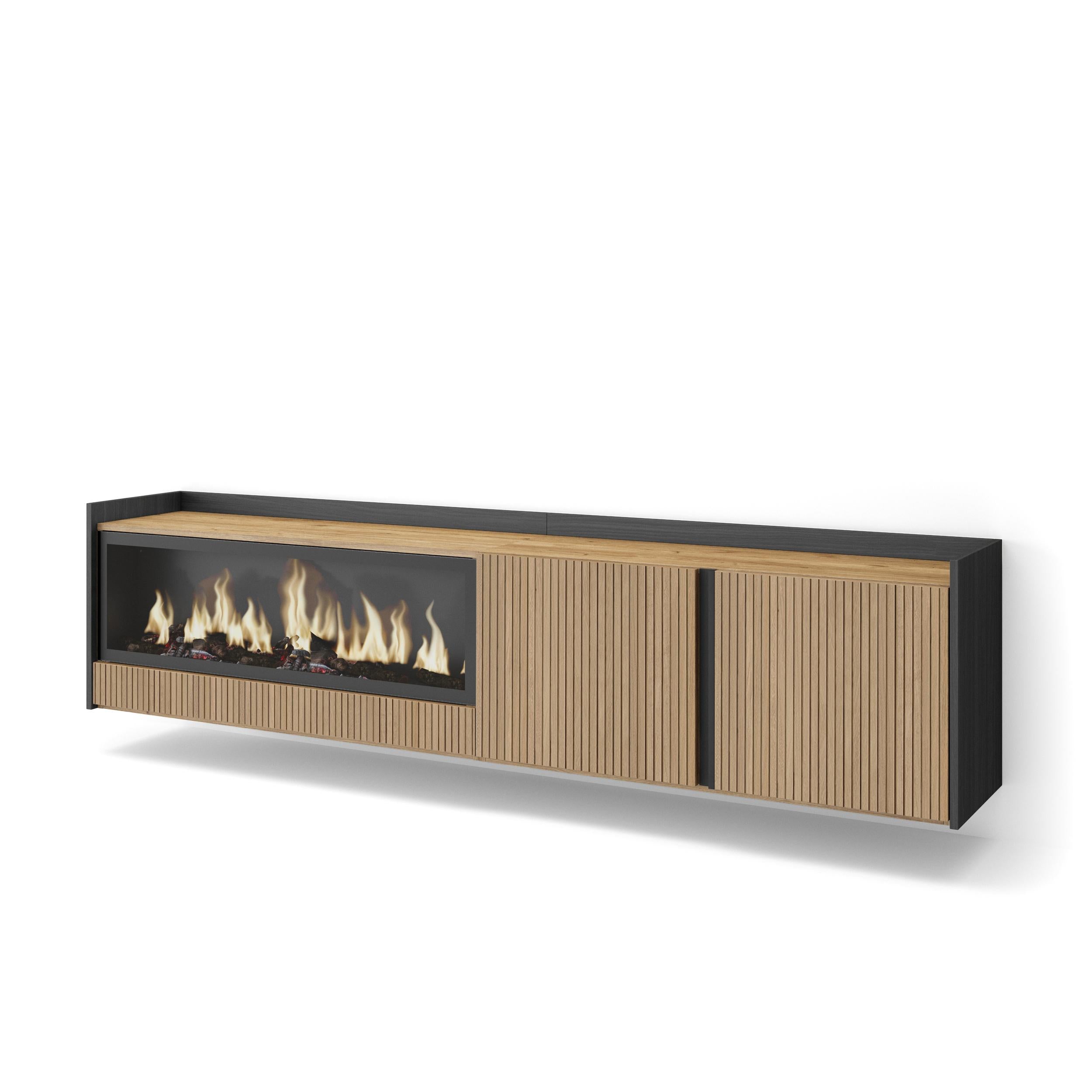 Meuble TV Suspendu 212x50x35 cm Pour les TV jusqu'à 80" Cheminée électrique à gauche XXL Mural Chêne et noir